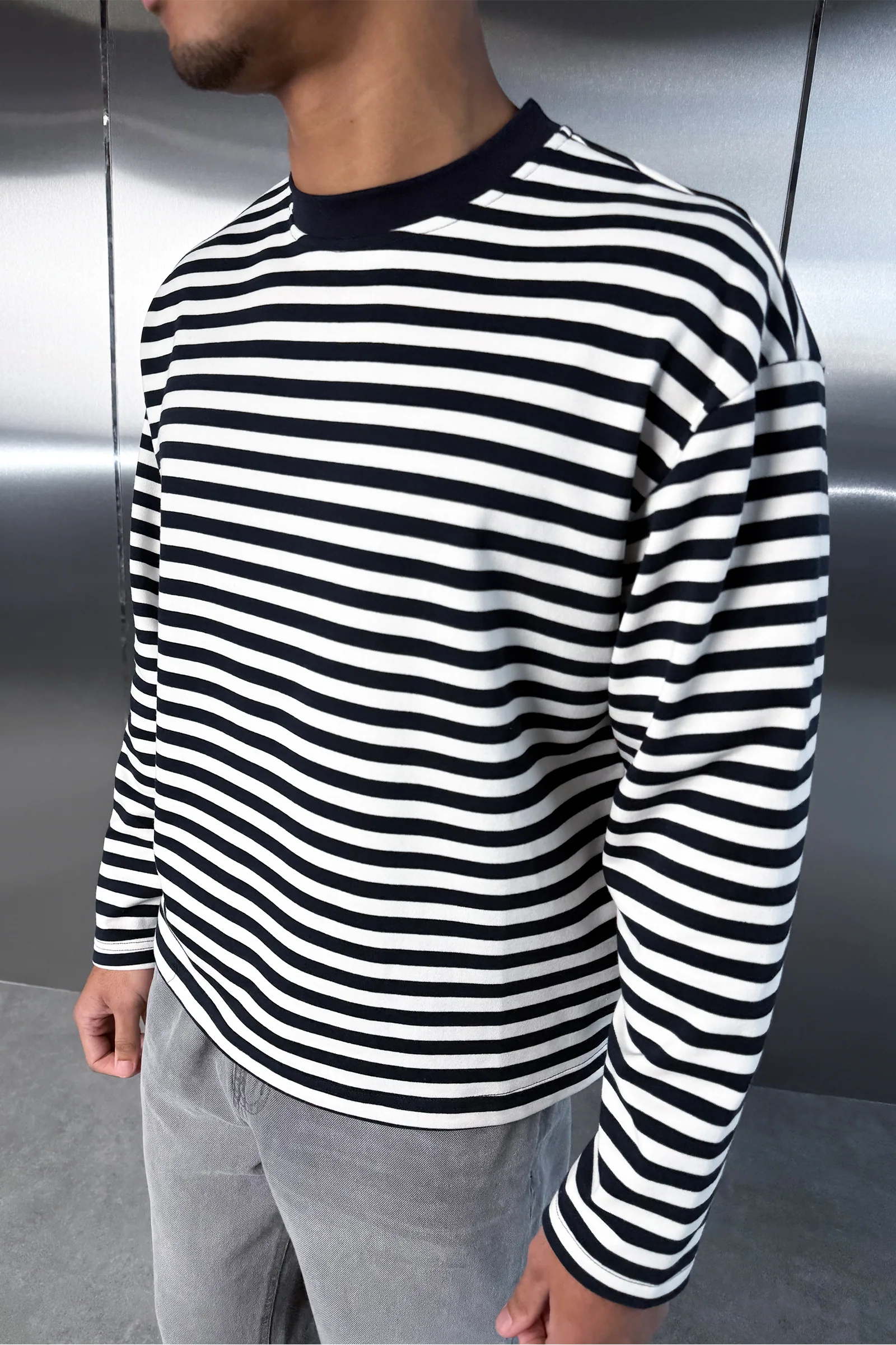 Boxy Striped Long Sleeve T-Shirt - Navy - Image 5