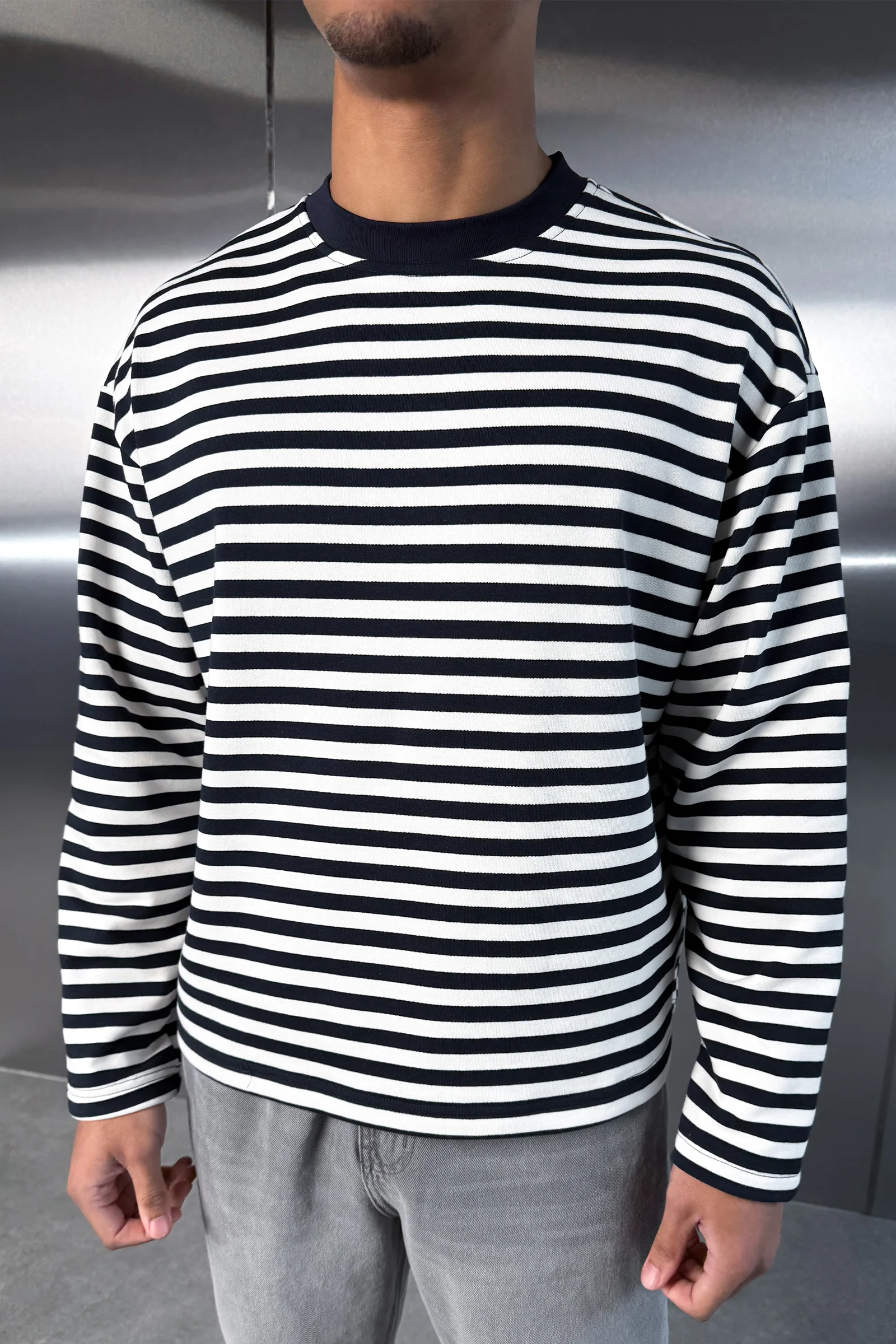 Boxy Striped Long Sleeve T-Shirt - Navy - Image 6