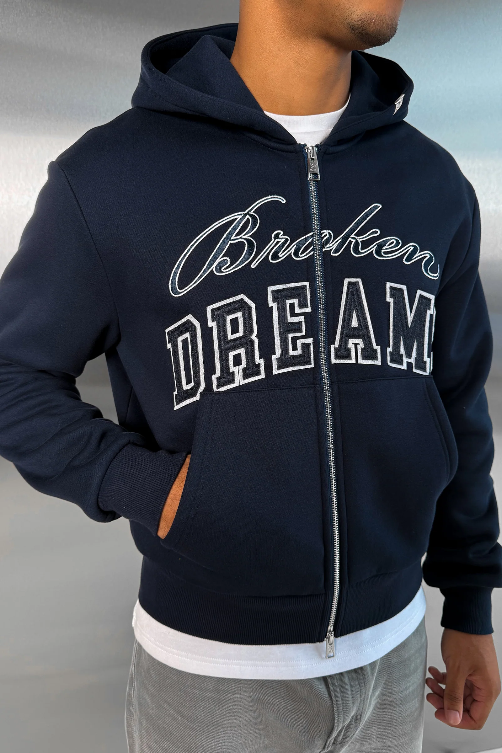 Broken Dreams Boxy Double Zip Hoody  - Navy - Image 6