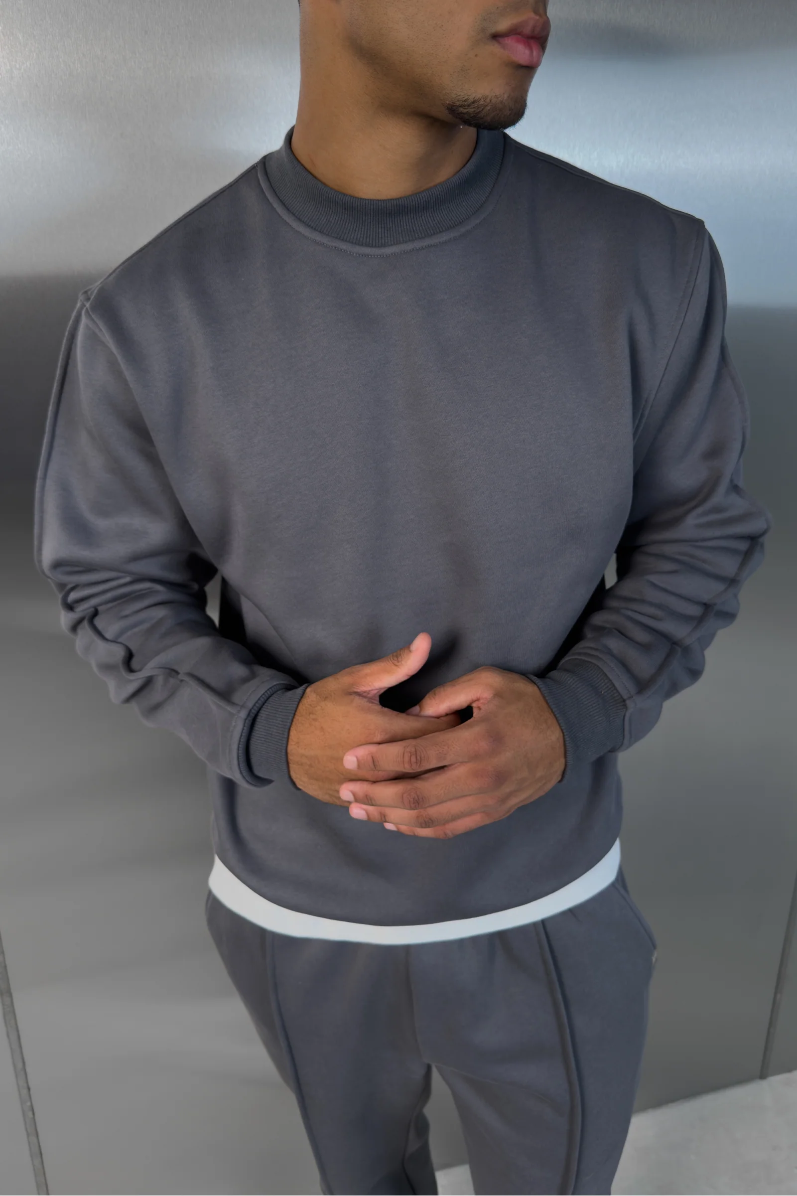Extended Neck Crew Neck Sweatshirt - Charcoal - Image 3