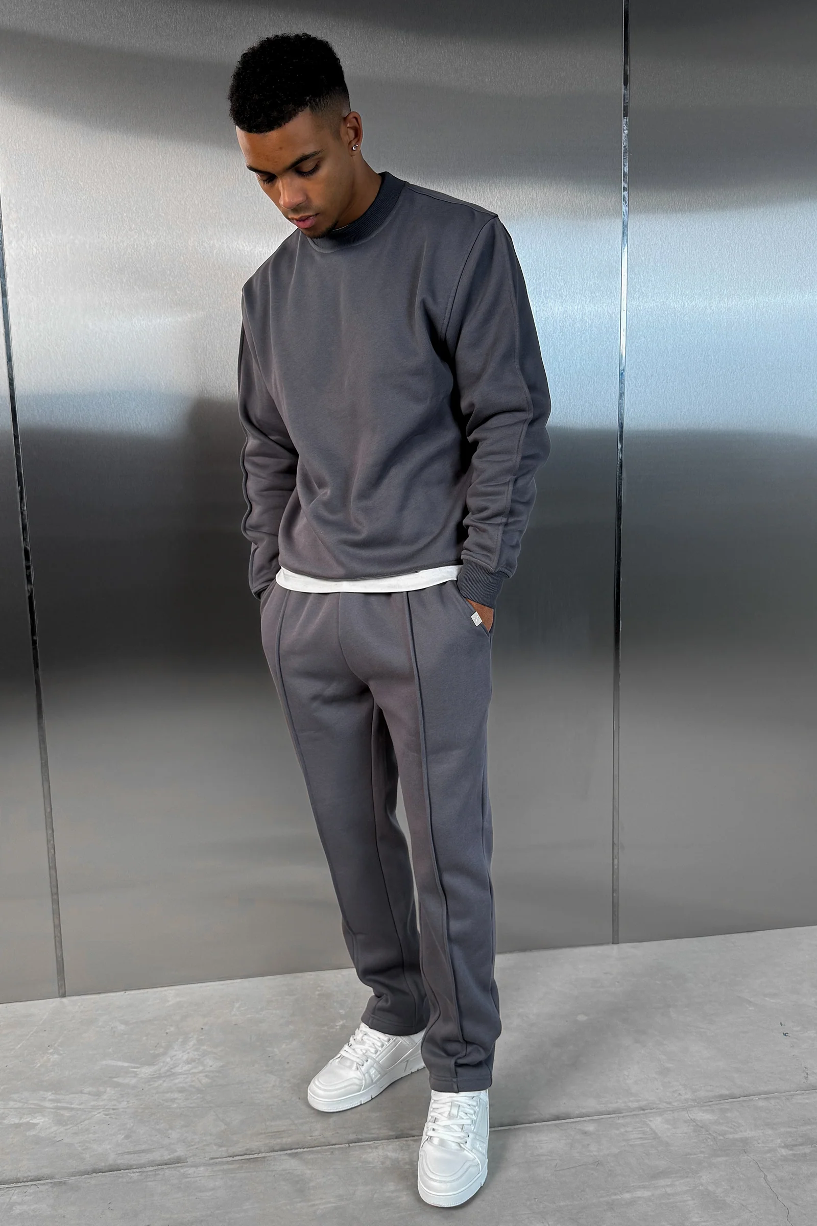 Extended Neck Crew Neck Sweatshirt - Charcoal - Image 5