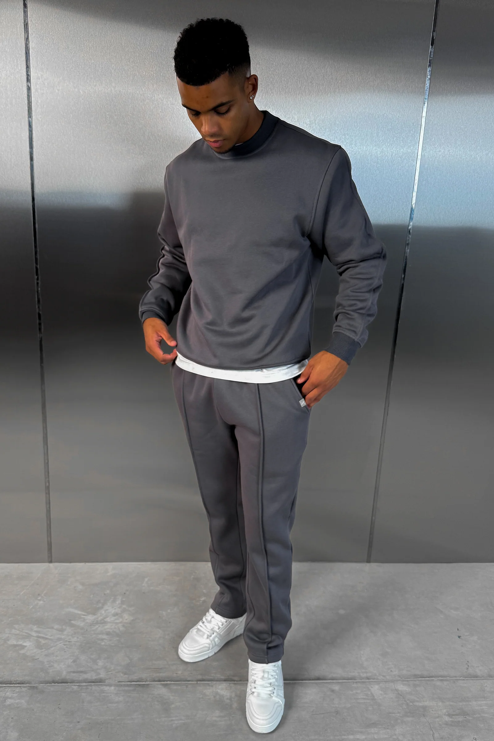 Extended Neck Crew Neck Sweatshirt - Charcoal - Image 6