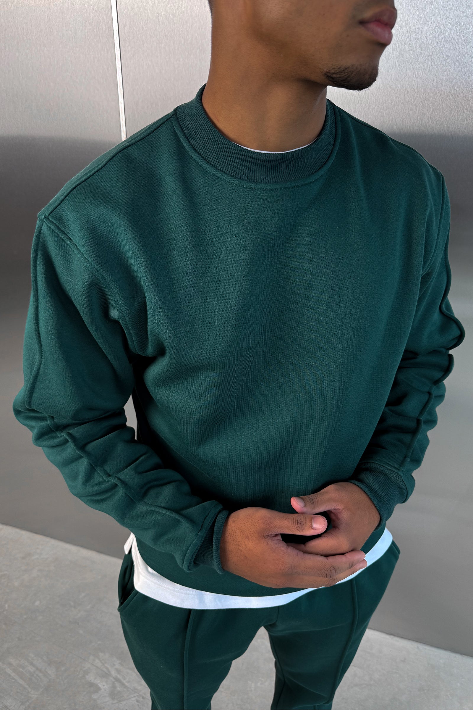 Extended Neck Crew Neck Sweatshirt - Dark Teal - Image 4