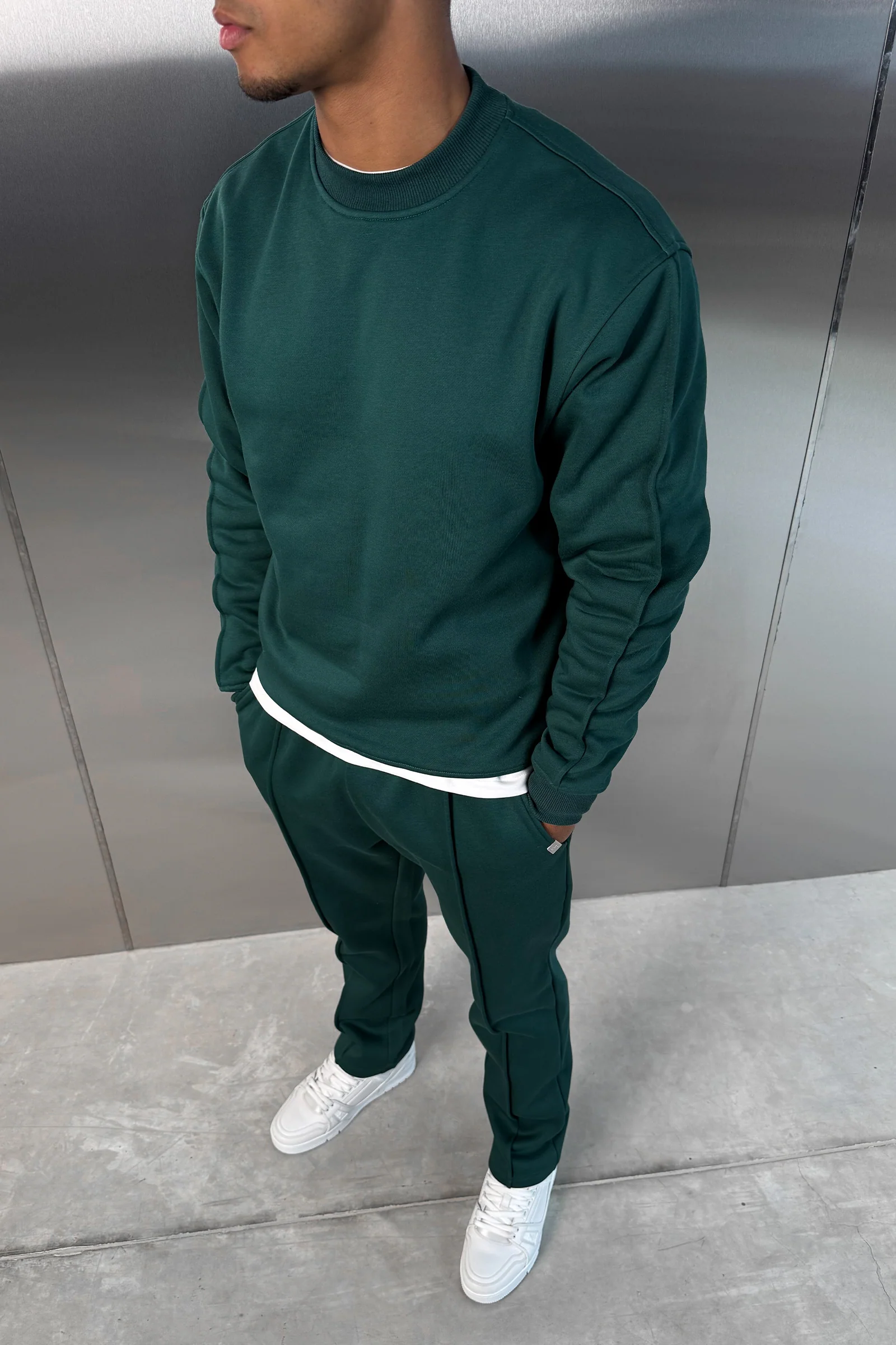 Extended Neck Crew Neck Sweatshirt - Dark Teal - Image 6