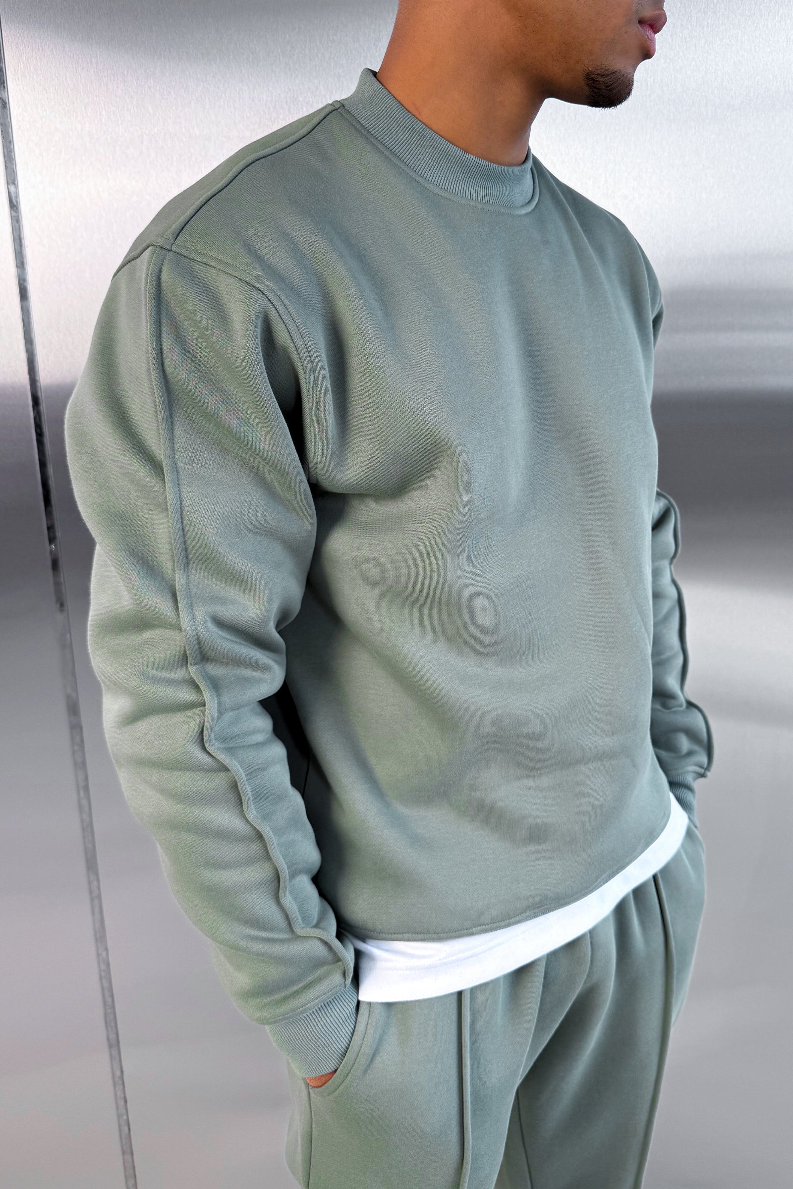 Extended Neck Crew Neck Sweatshirt - Khaki - Image 2