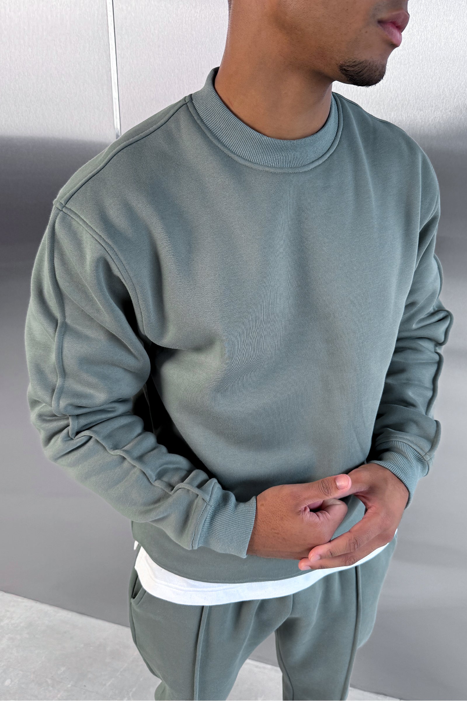 Extended Neck Crew Neck Sweatshirt - Khaki - Image 3