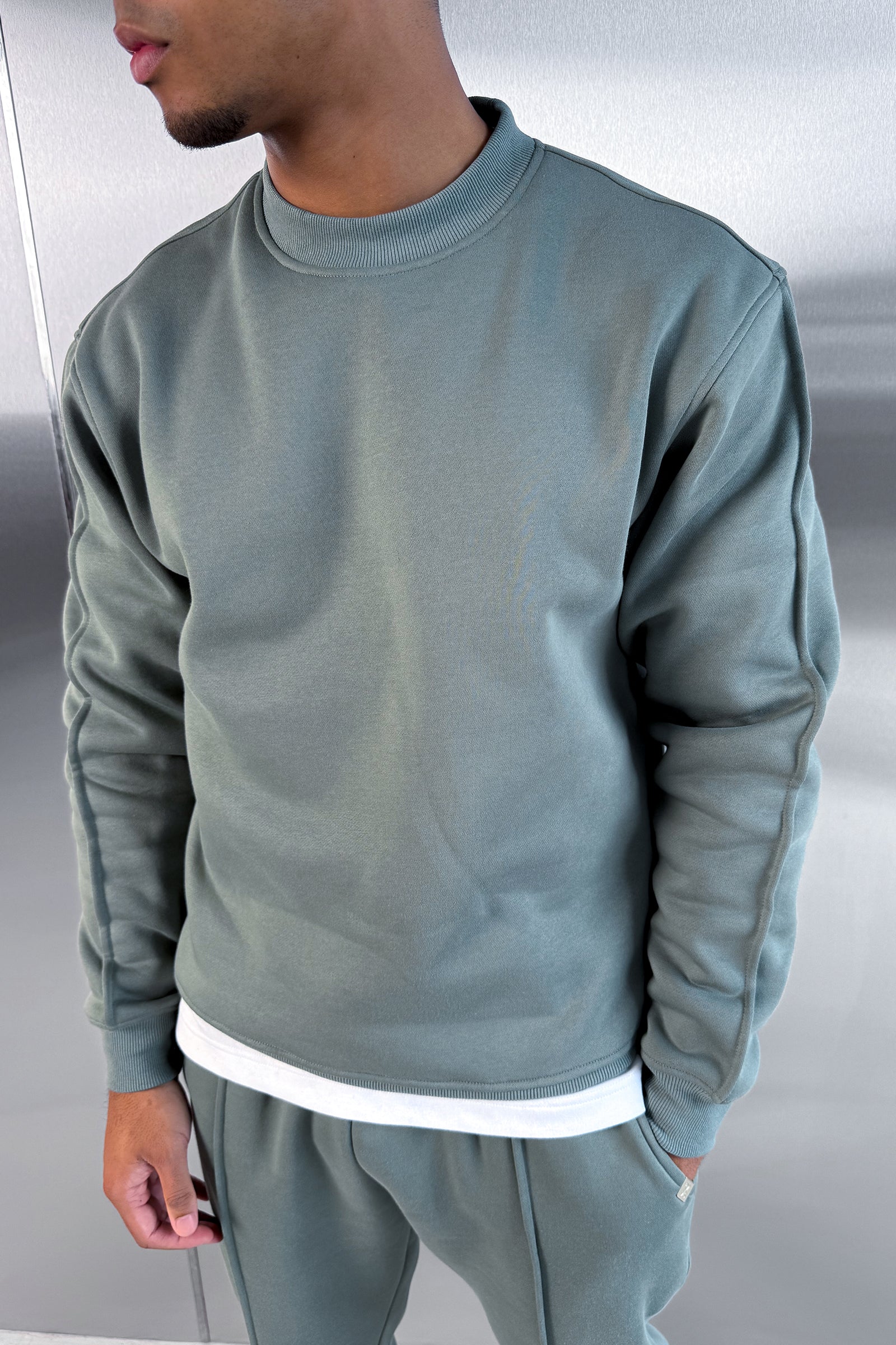 Extended Neck Crew Neck Sweatshirt - Khaki - Image 5