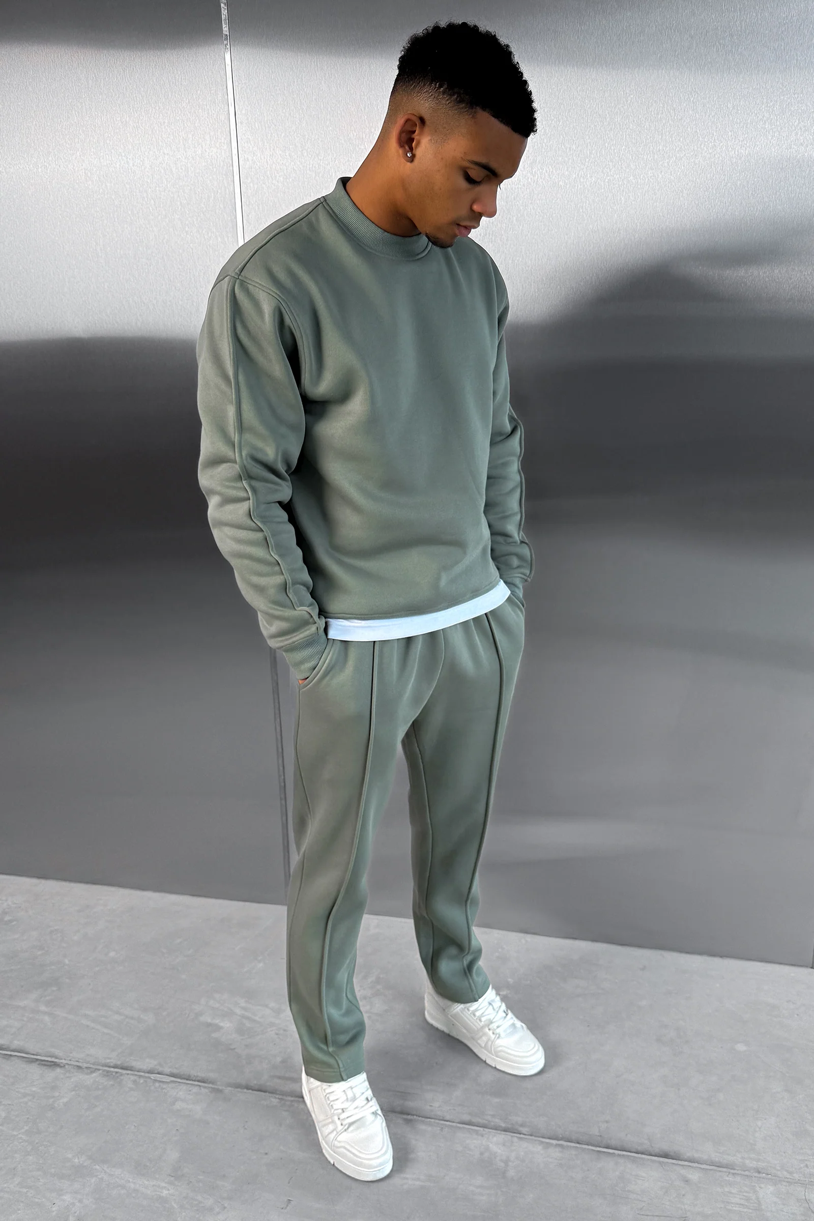 Extended Neck Crew Neck Sweatshirt - Khaki - Image 6