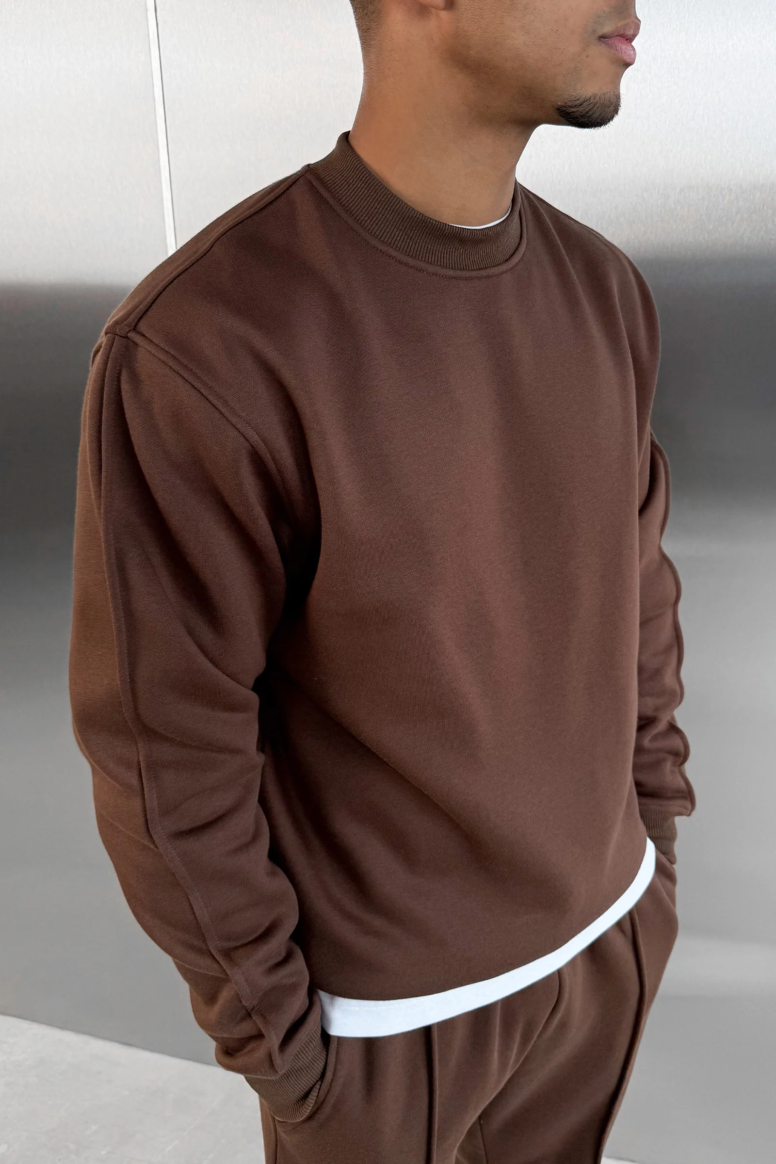 Extended Neck Crew Neck Sweatshirt - Mocha - Image 2