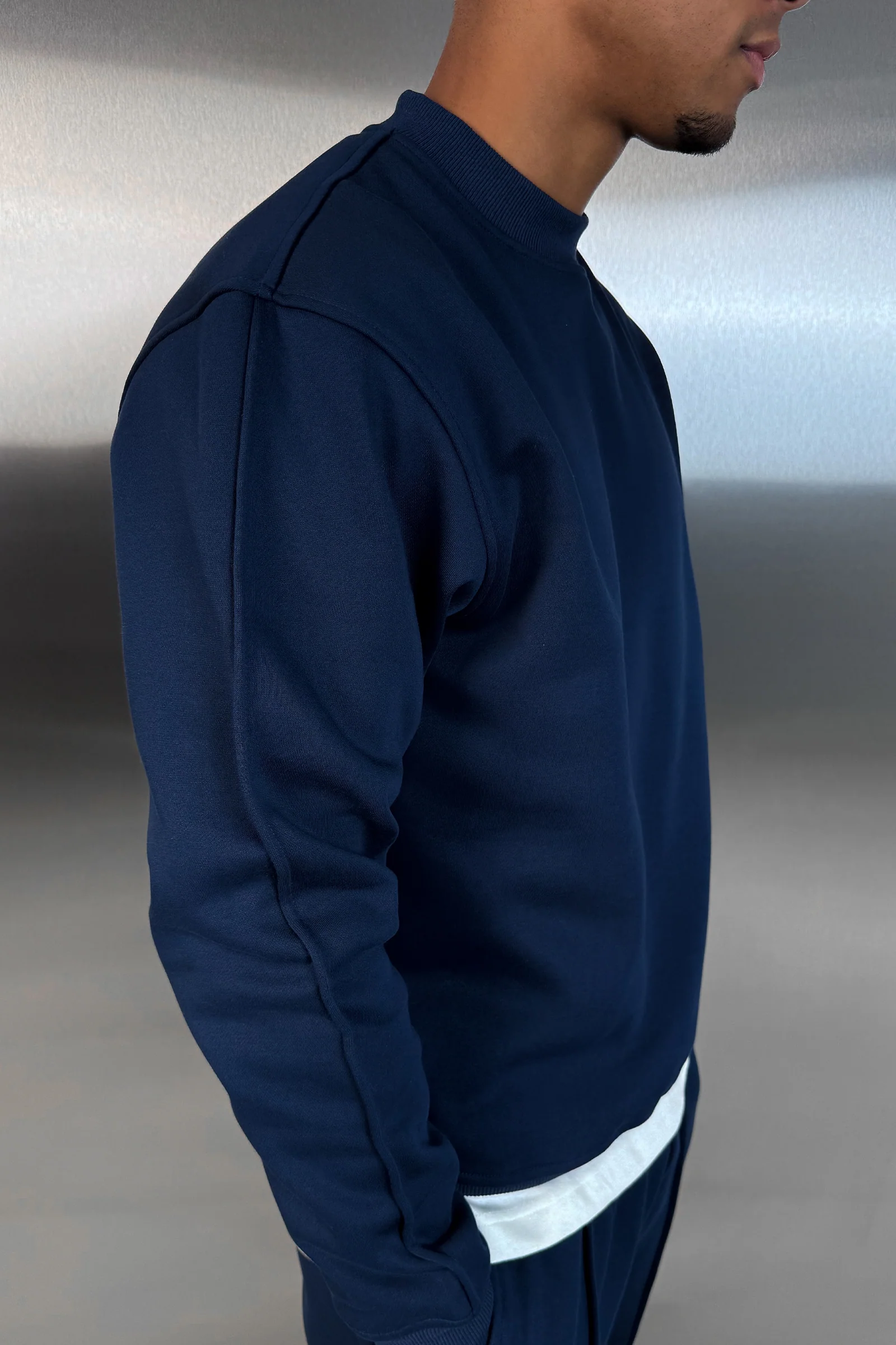 Extended Neck Crew Neck Sweatshirt - Navy - Image 3