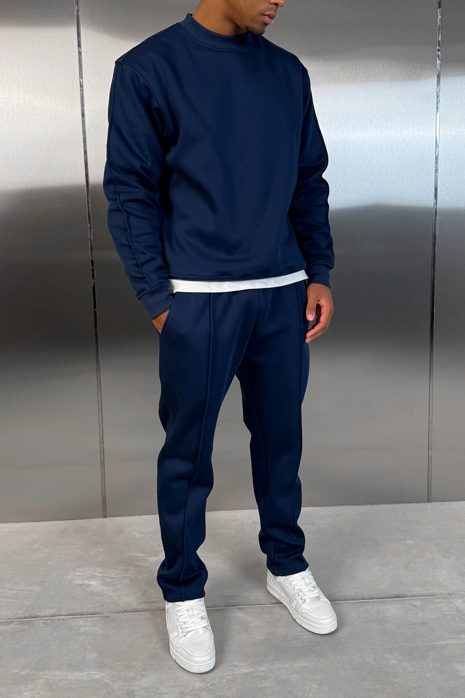 Extended Neck Crew Neck Sweatshirt - Navy - Image 8