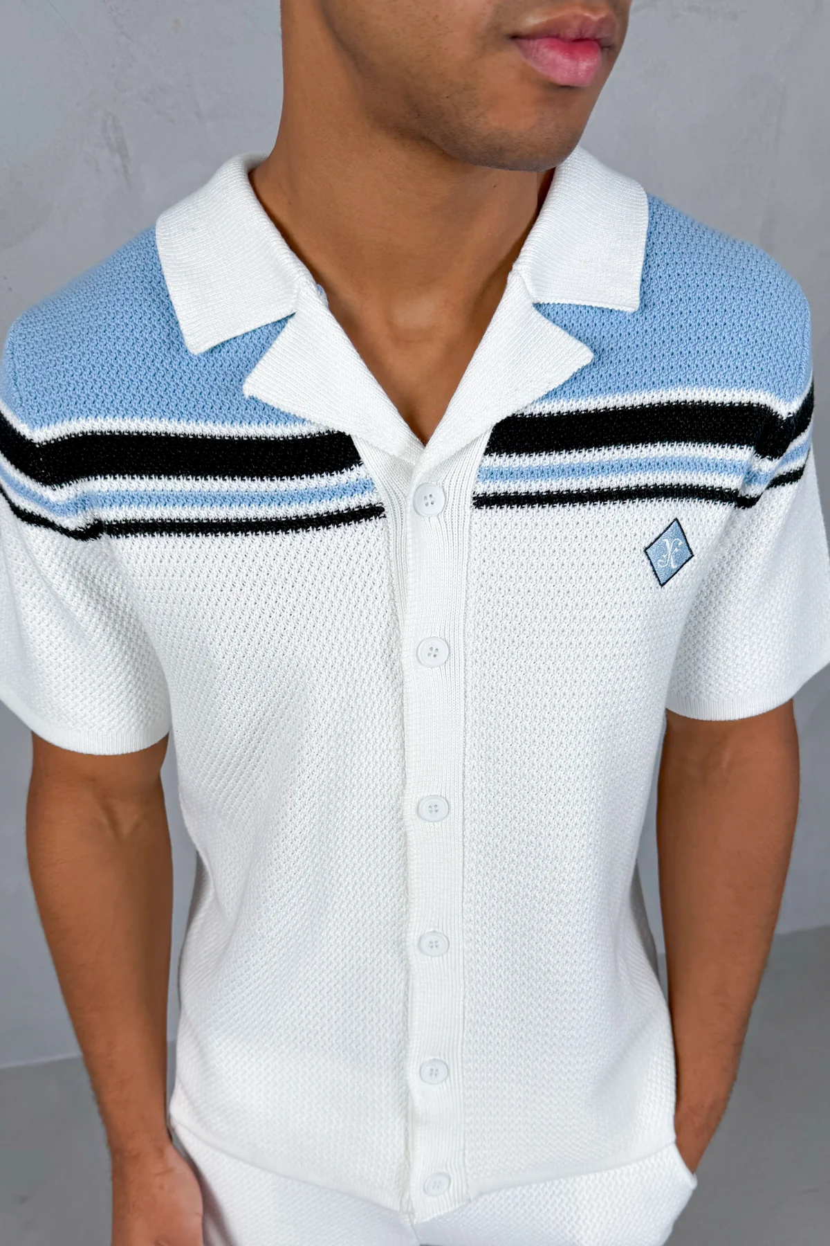 Colour Block Boxy Knit Shirt - White/Pastel Blue - Image 6