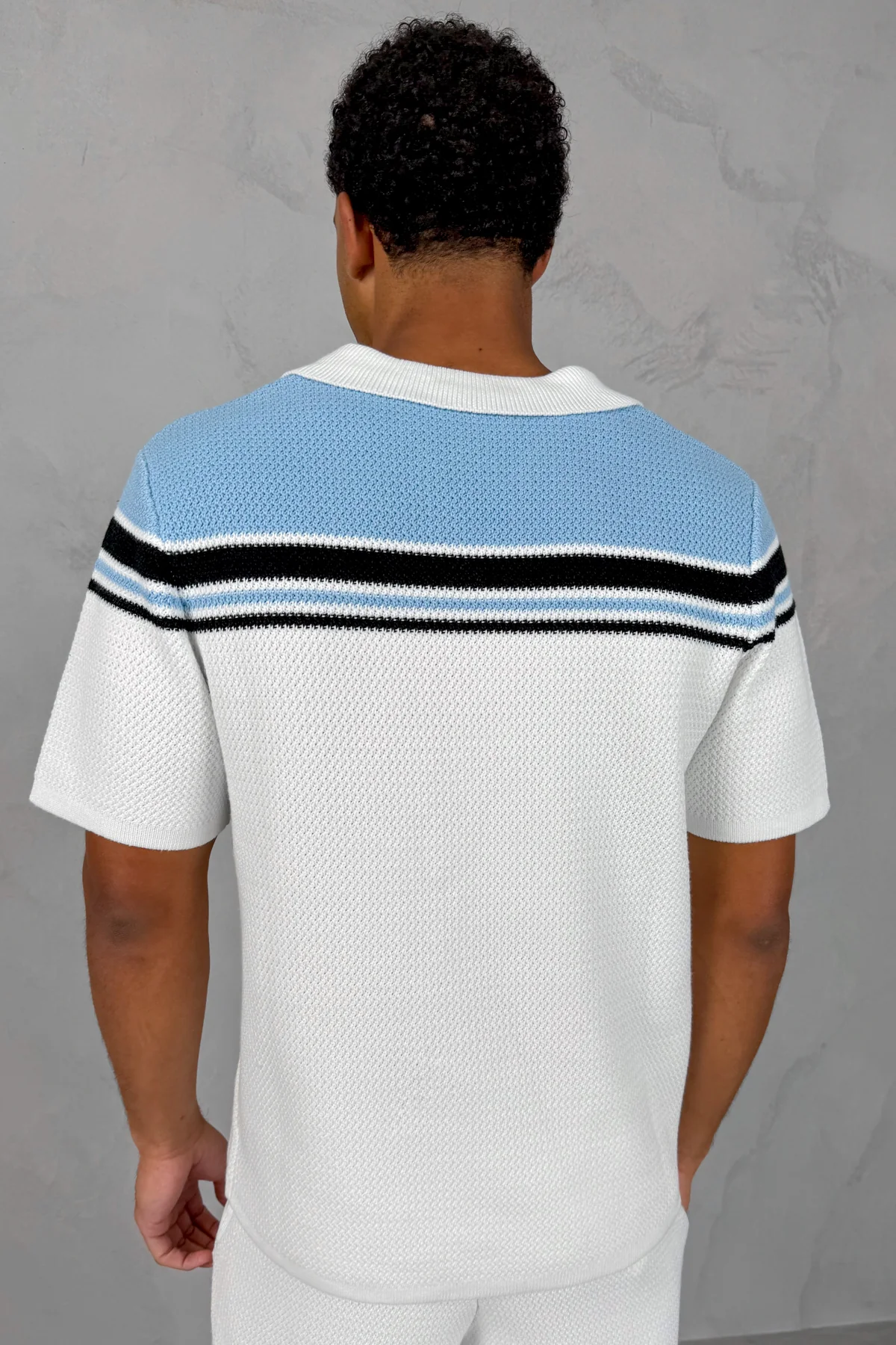 Colour Block Boxy Knit Shirt - White/Pastel Blue - Image 7