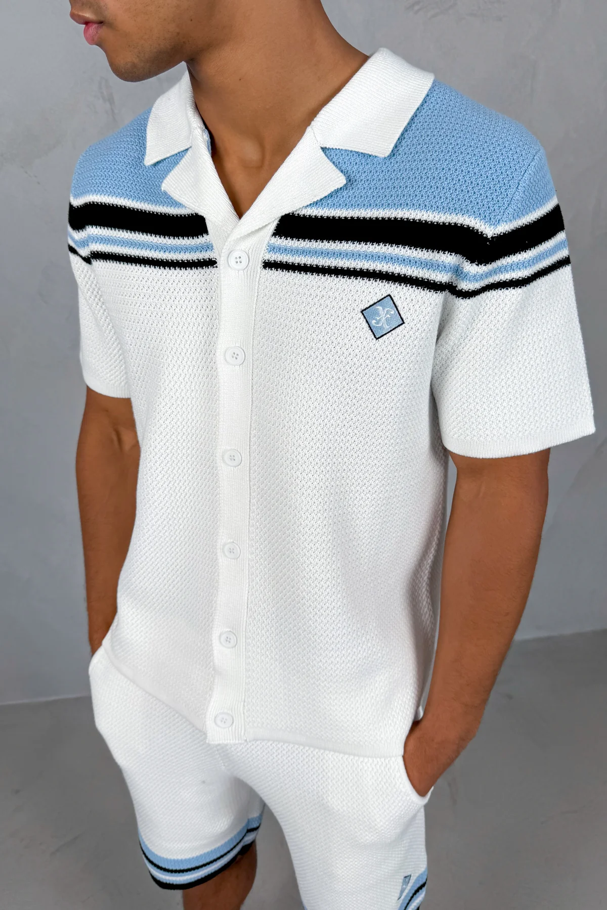 Colour Block Knit Shorts - White/Pastel Blue - Image 4