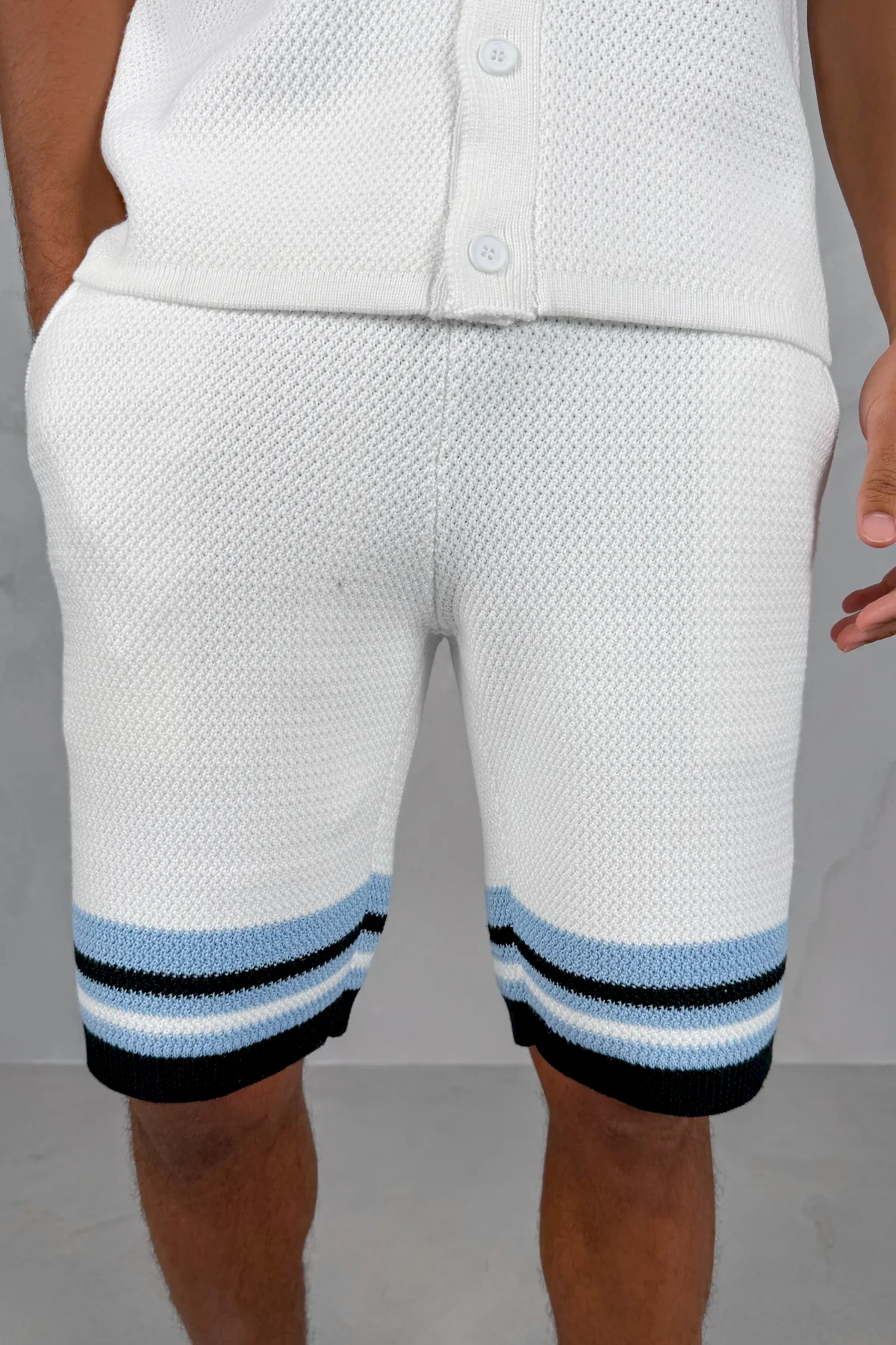 Colour Block Knit Shorts - White/Pastel Blue - Image 8
