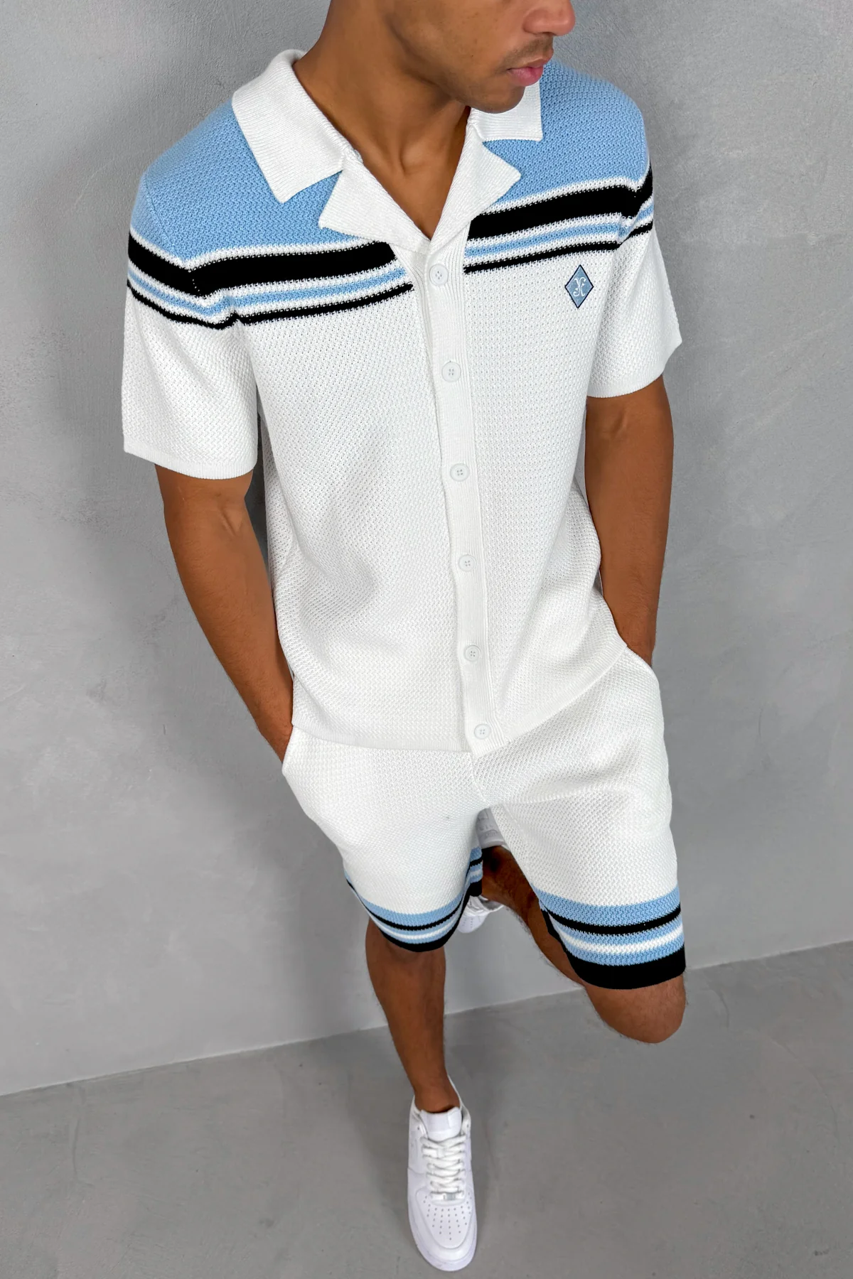 Colour Block Knit Shorts - White/Pastel Blue - Image 9