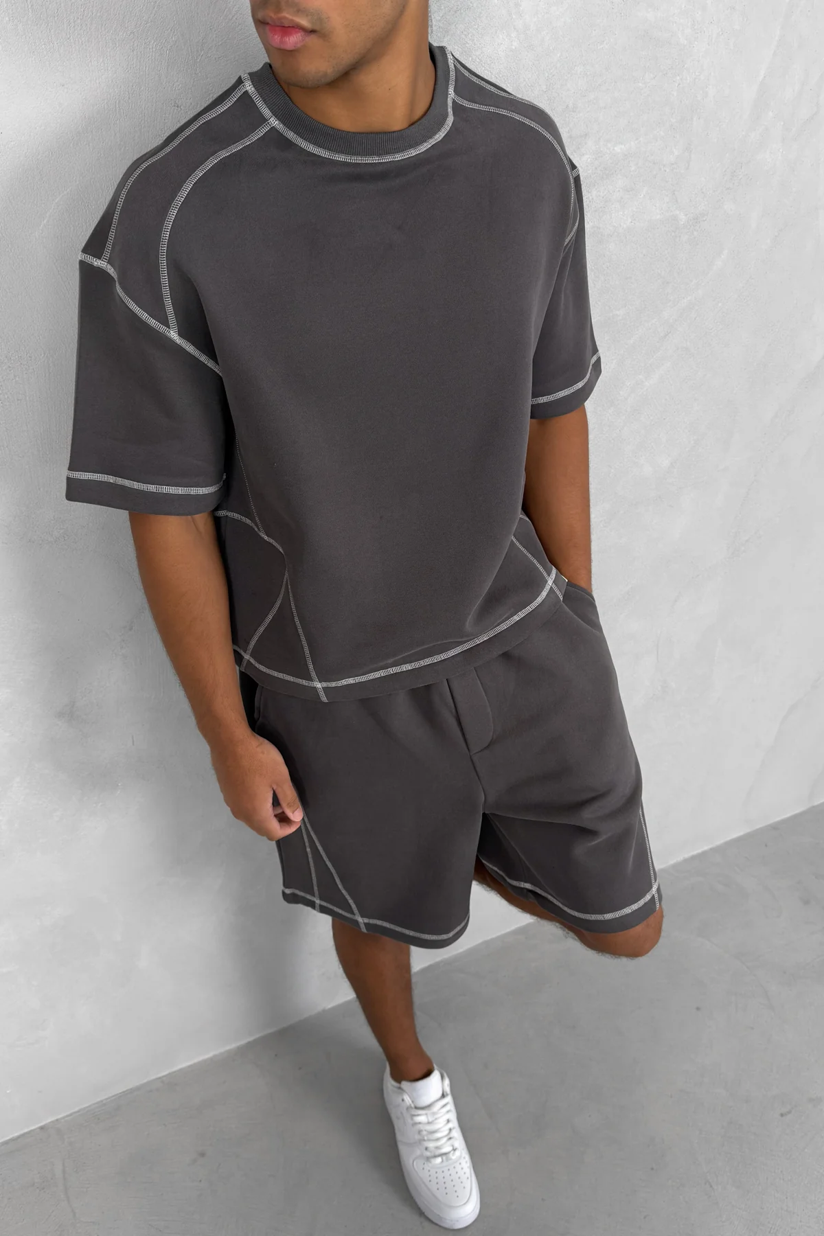 Contrast Stitch Baggy Shorts - Charcoal - Image 3