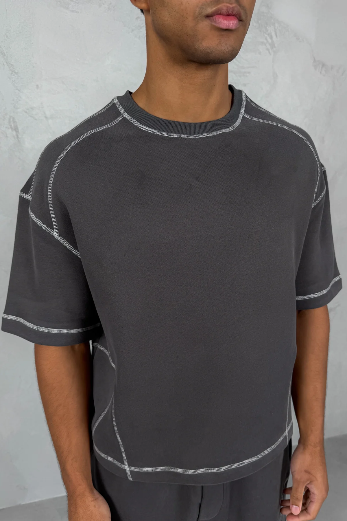 Contrast Stitch Boxy T-Shirt - Charcoal
