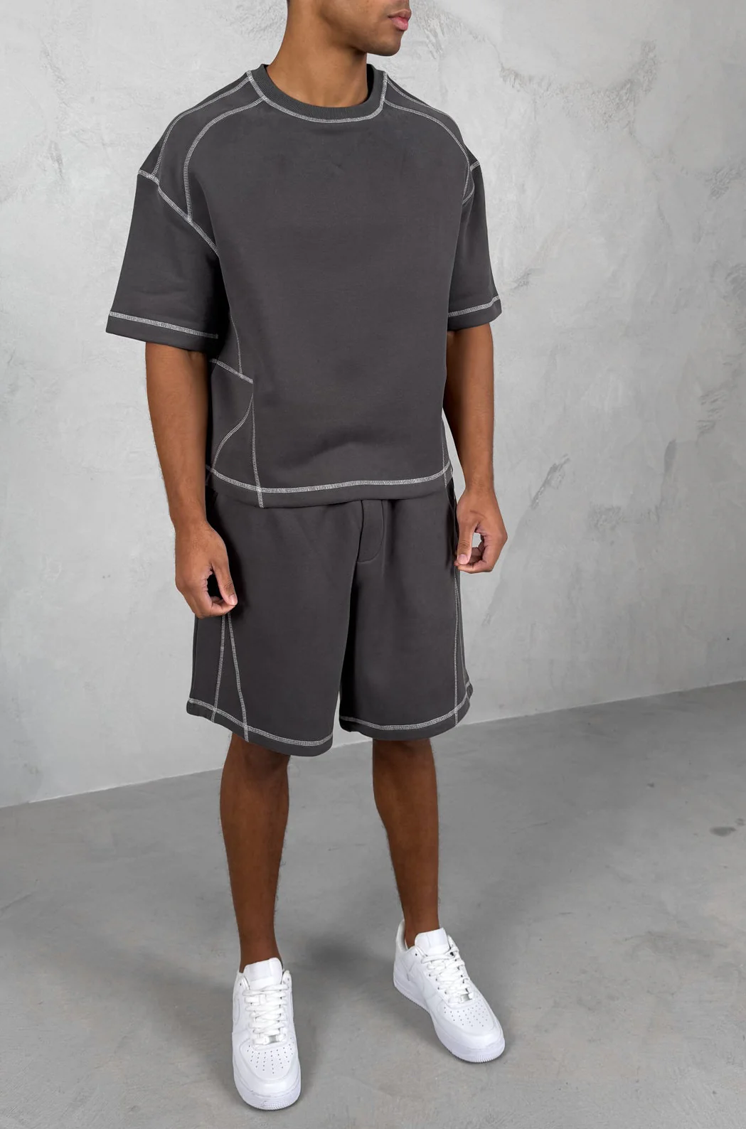 Contrast Stitch Boxy T-Shirt - Charcoal - Image 2