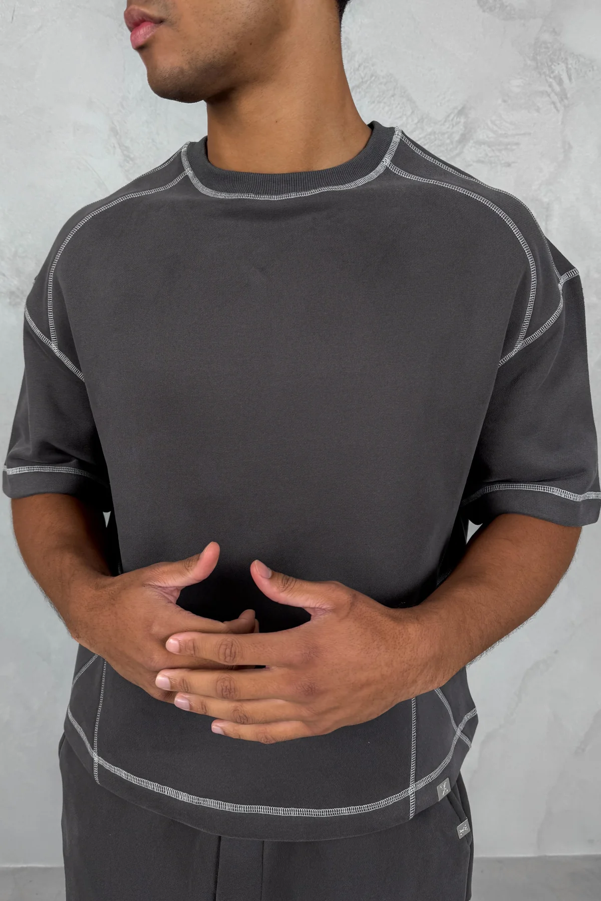 Contrast Stitch Boxy T-Shirt - Charcoal - Image 3