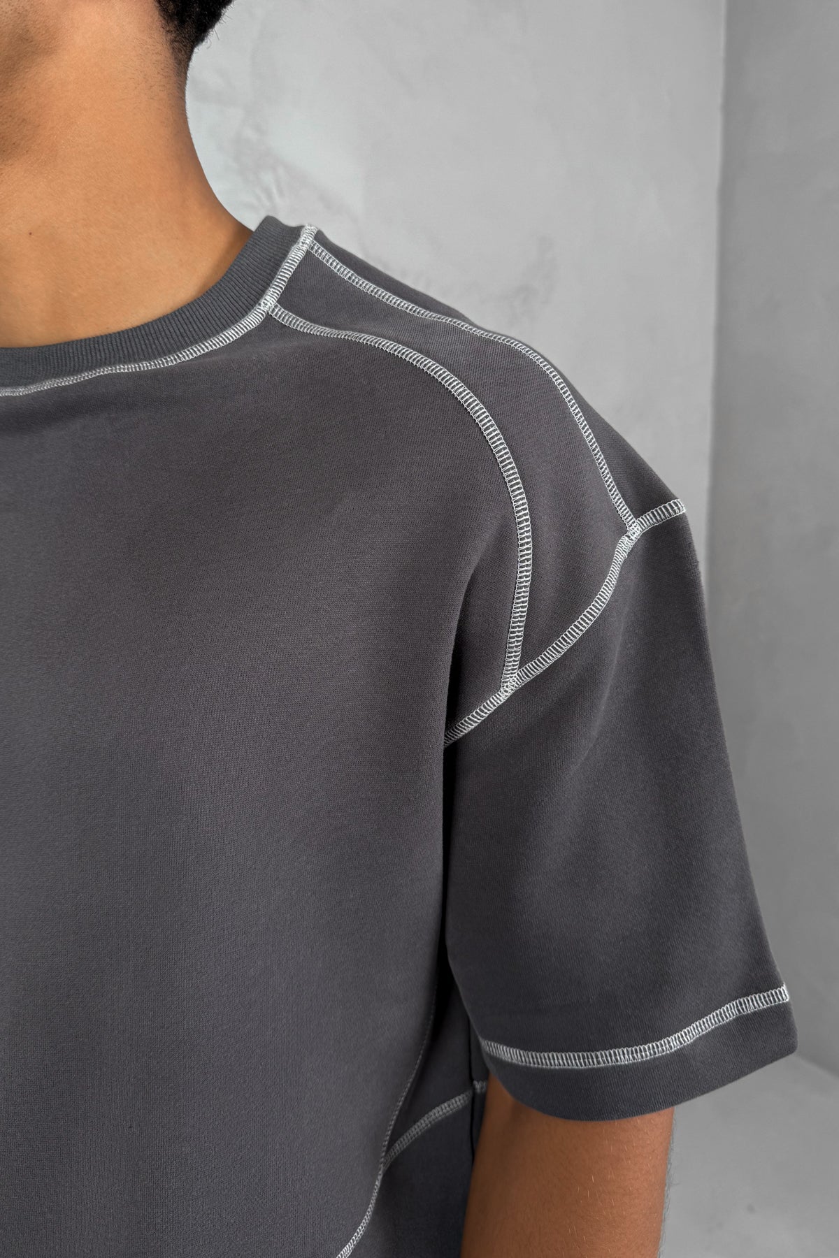 Contrast Stitch Boxy T-Shirt - Charcoal - Image 6