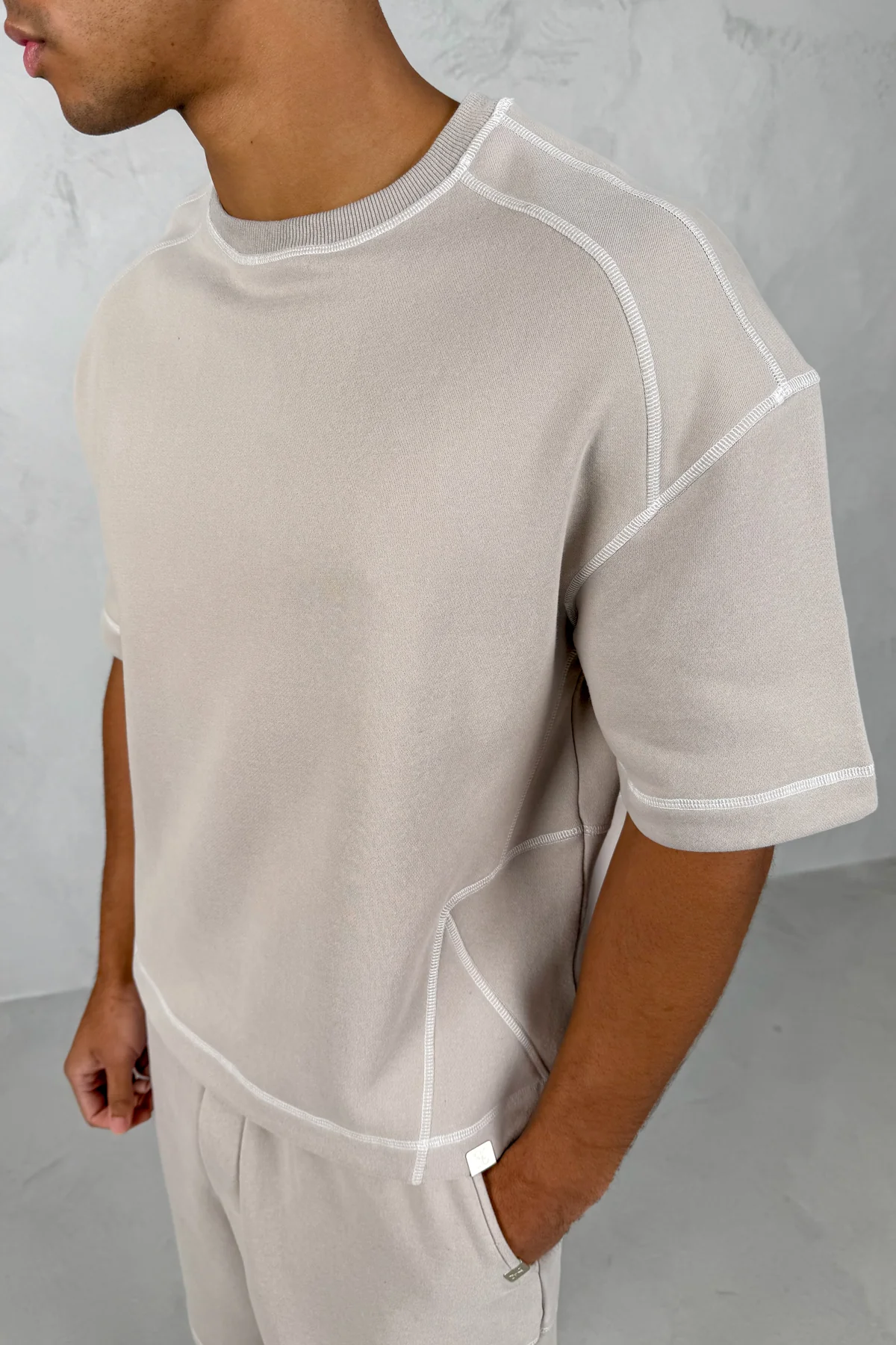 Contrast Stitch Boxy T-Shirt - Grey - Image 3