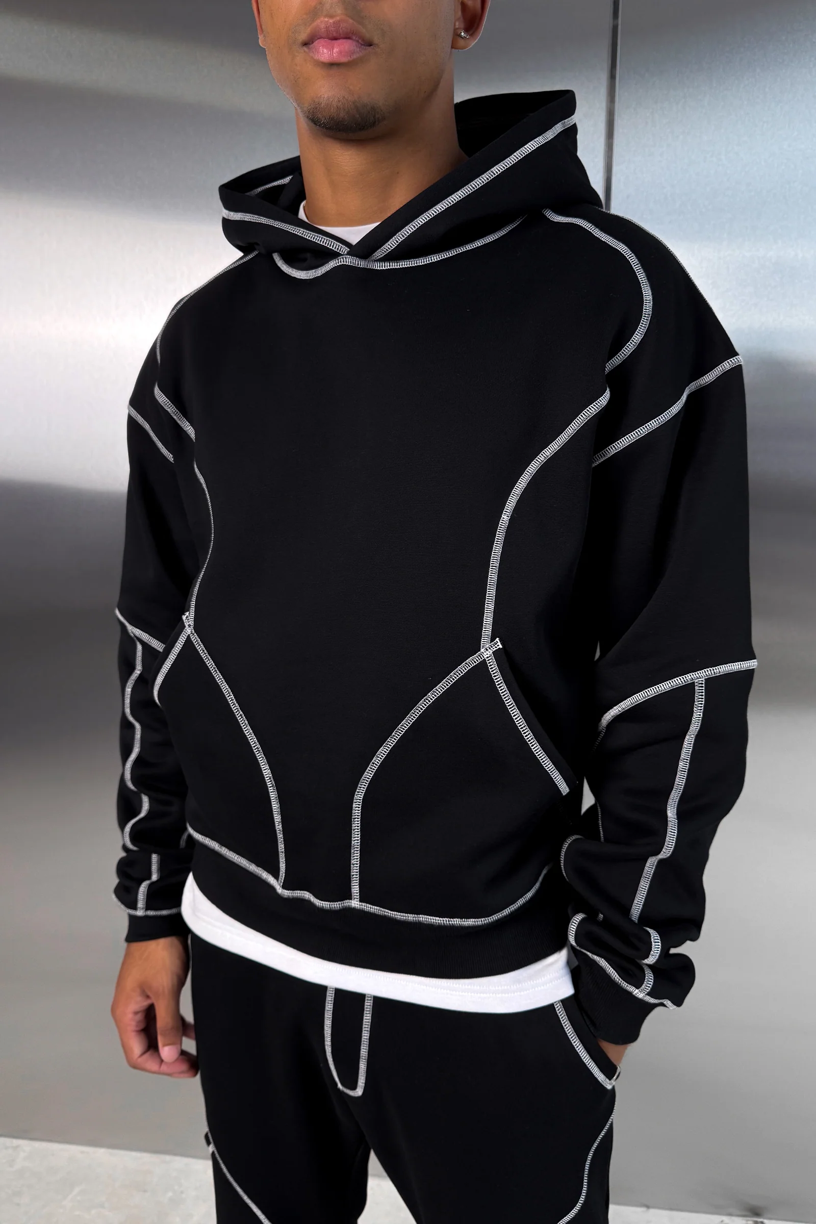 Contrast Stitch Pull Over Hoody - Black - Image 2