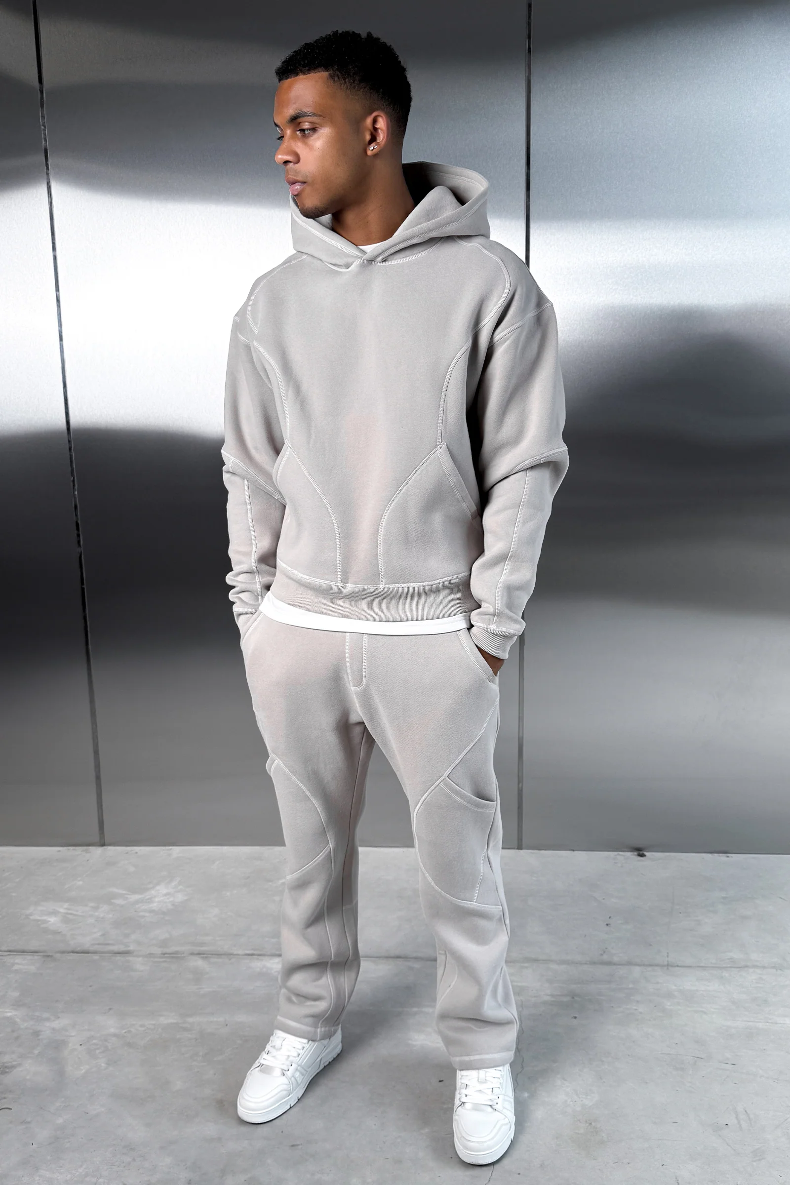Contrast Stitch Pull Over Hoody - Grey - Image 3