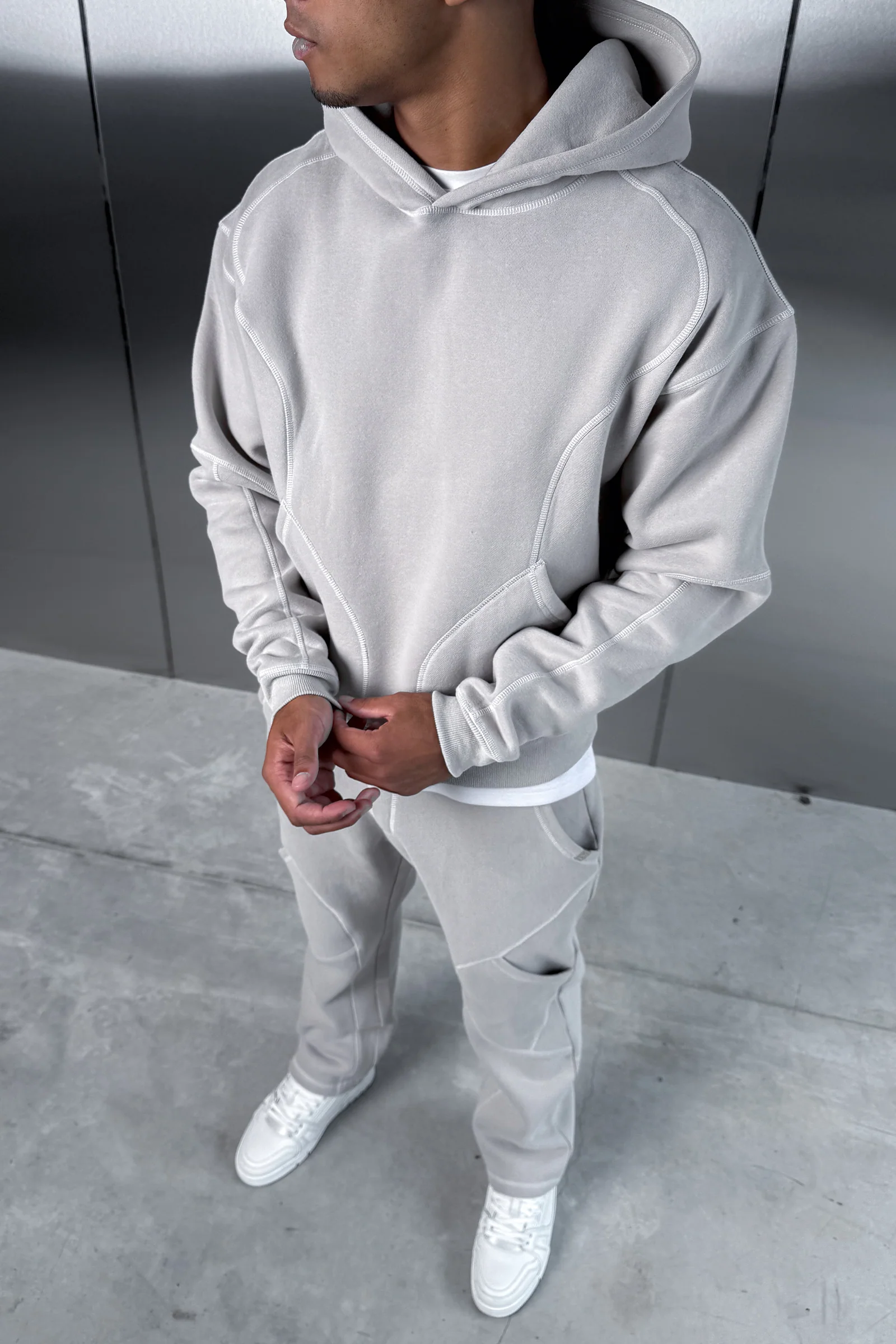 Contrast Stitch Pull Over Hoody - Grey - Image 4