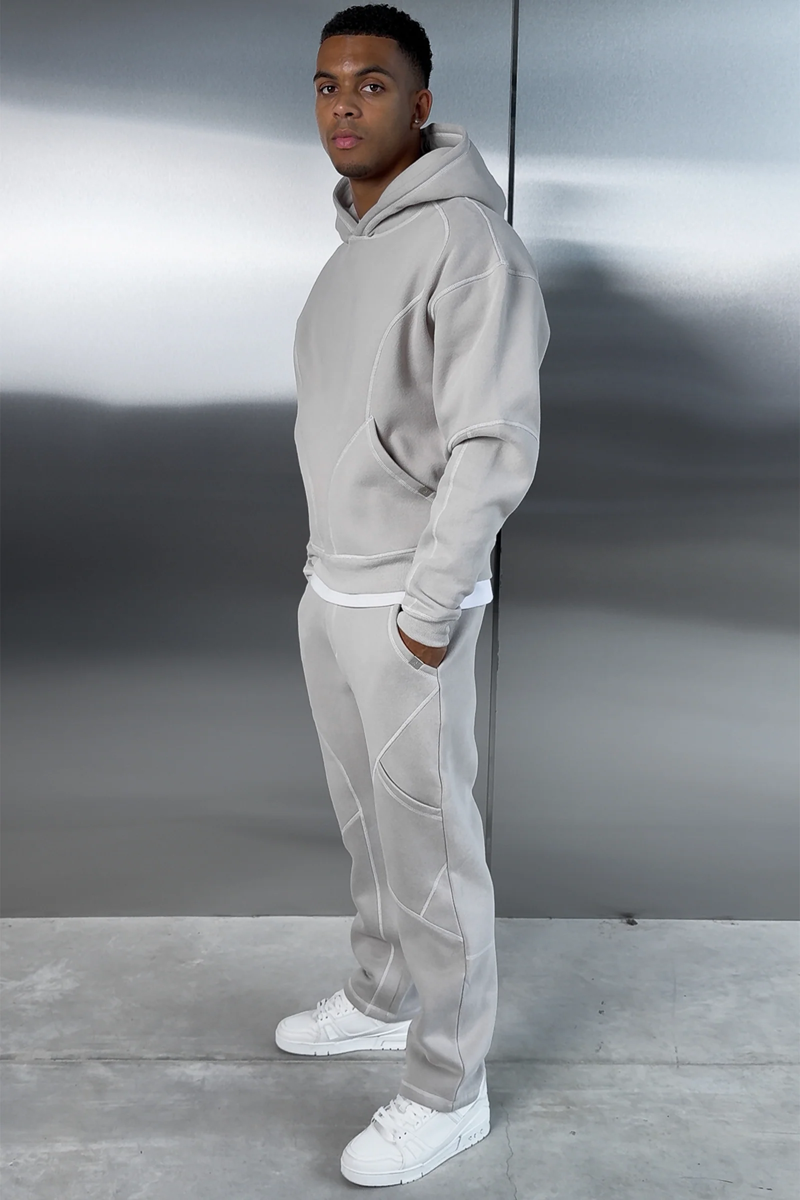 Contrast Stitch Pull Over Hoody - Grey - Image 6
