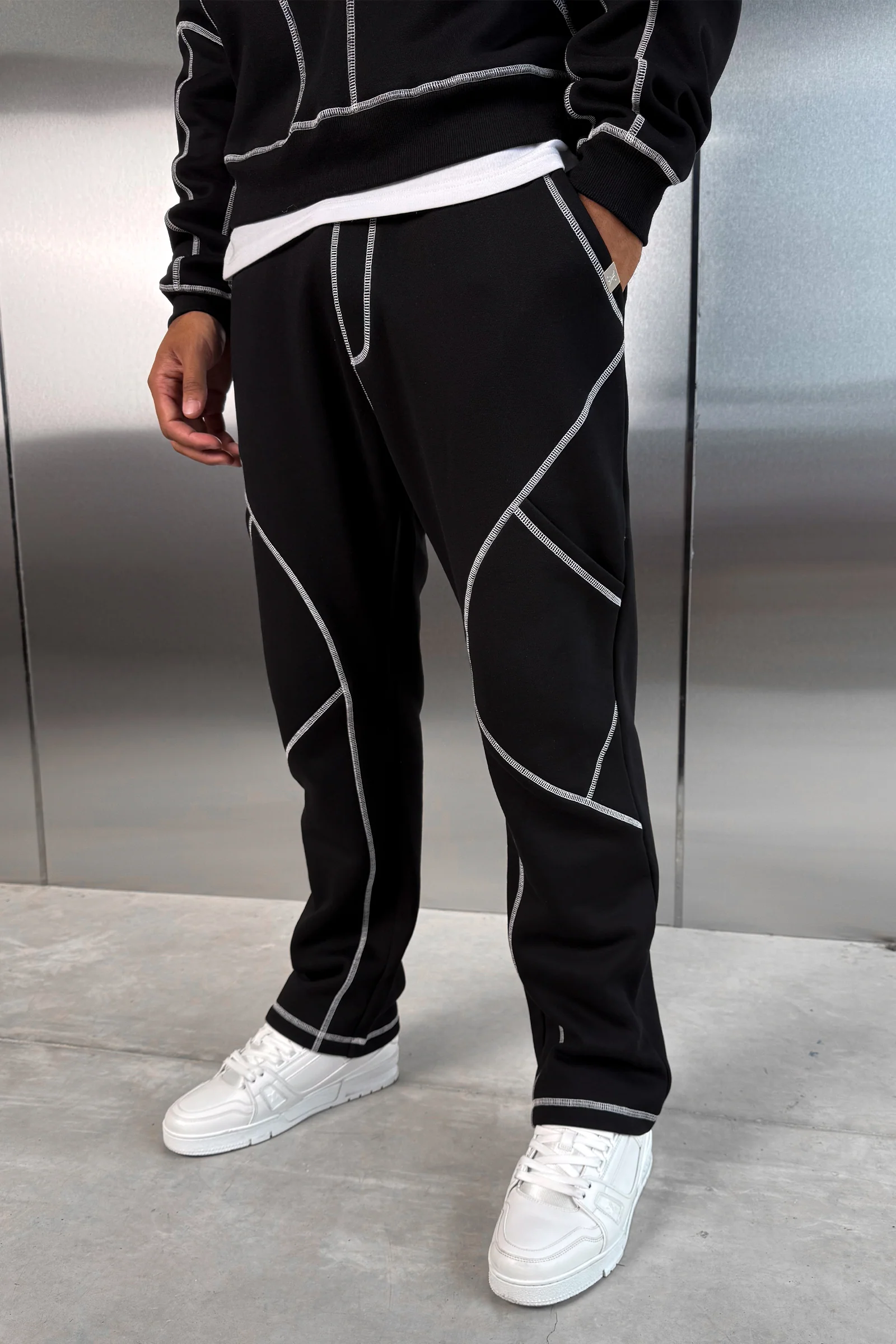 Contrast Stitch Straight Leg Jogger - Black - Image 2