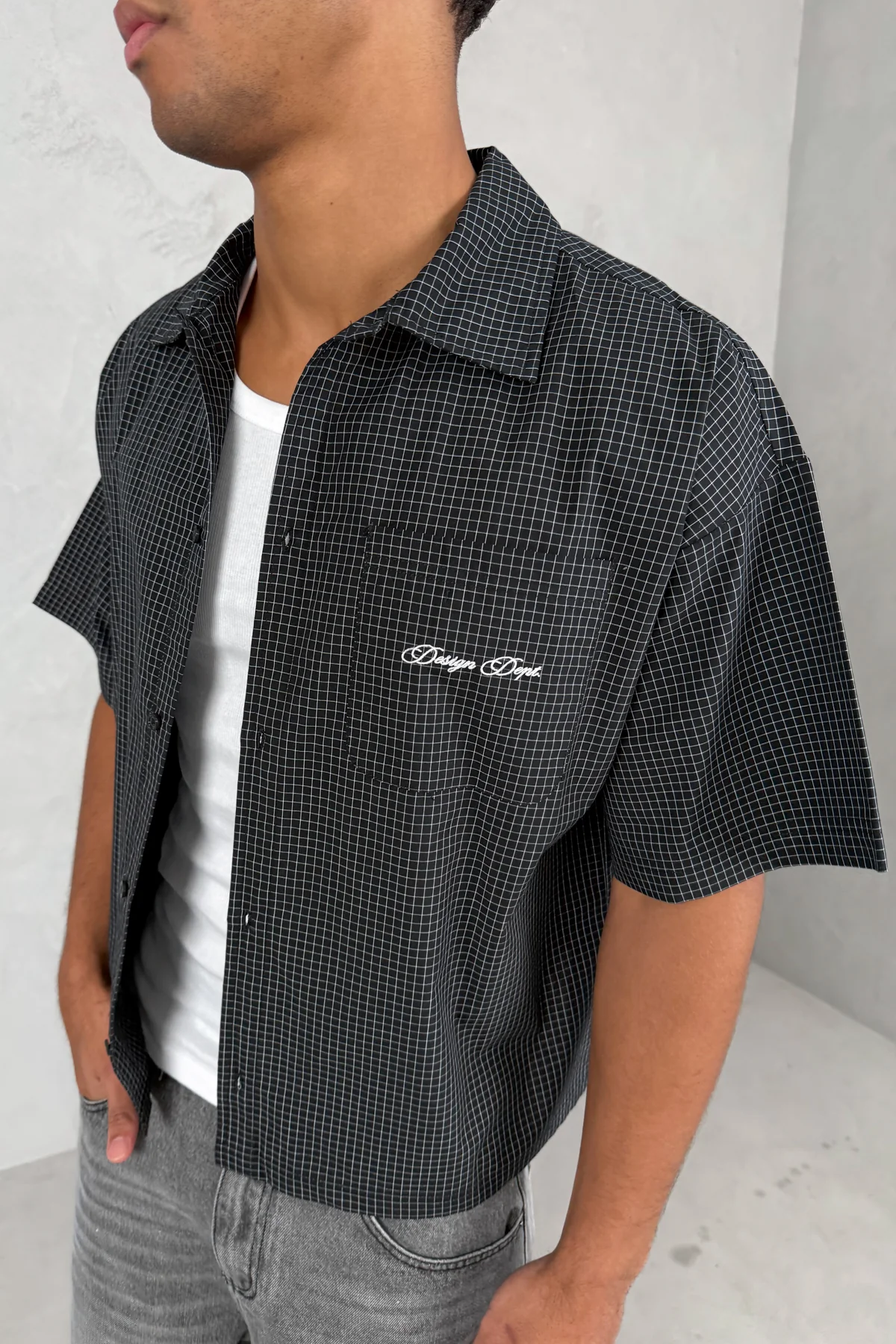 Design Dept Boxy Micro Check Shirt - Black - Image 4