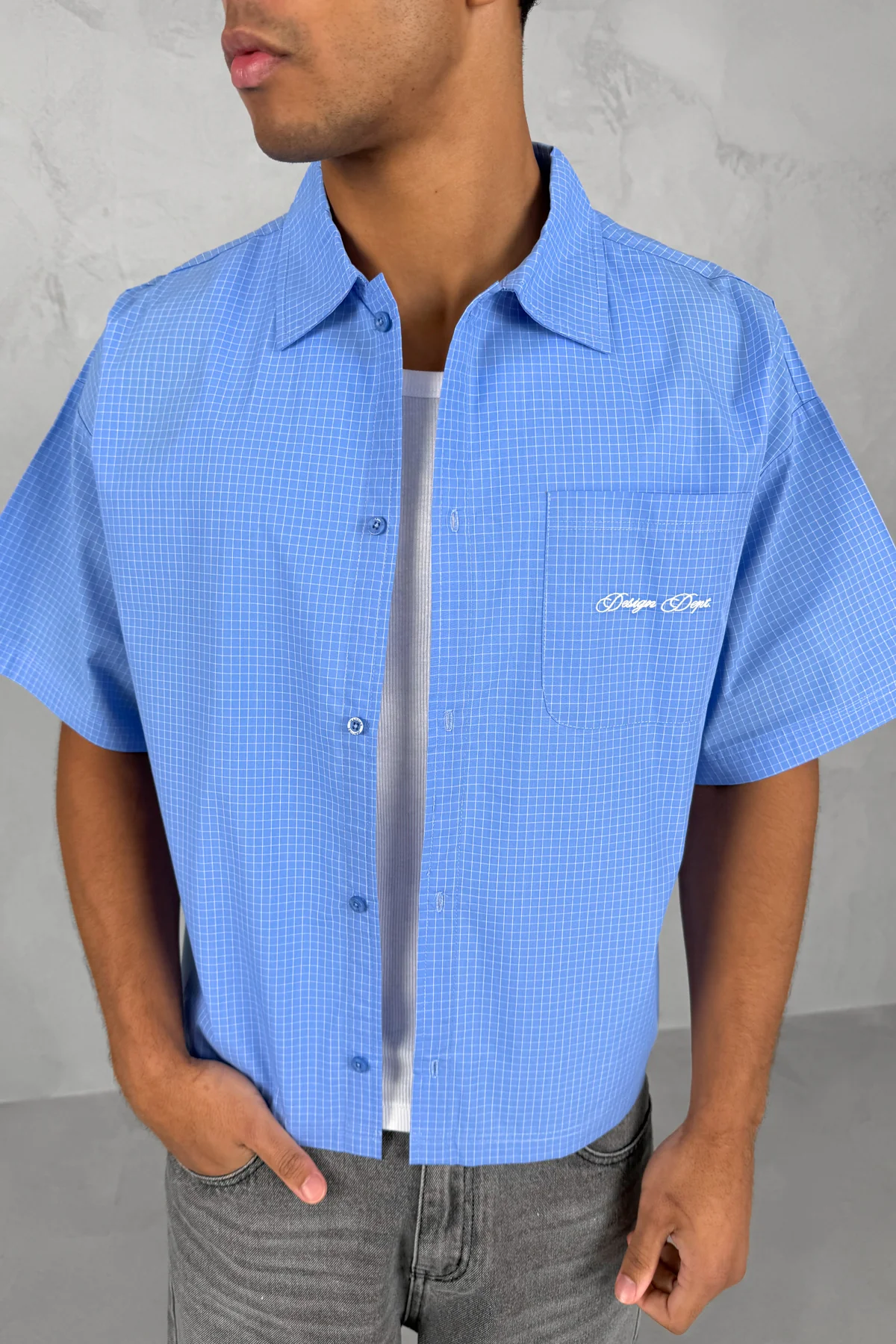 Design Dept Boxy Micro Check Shirt - Blue