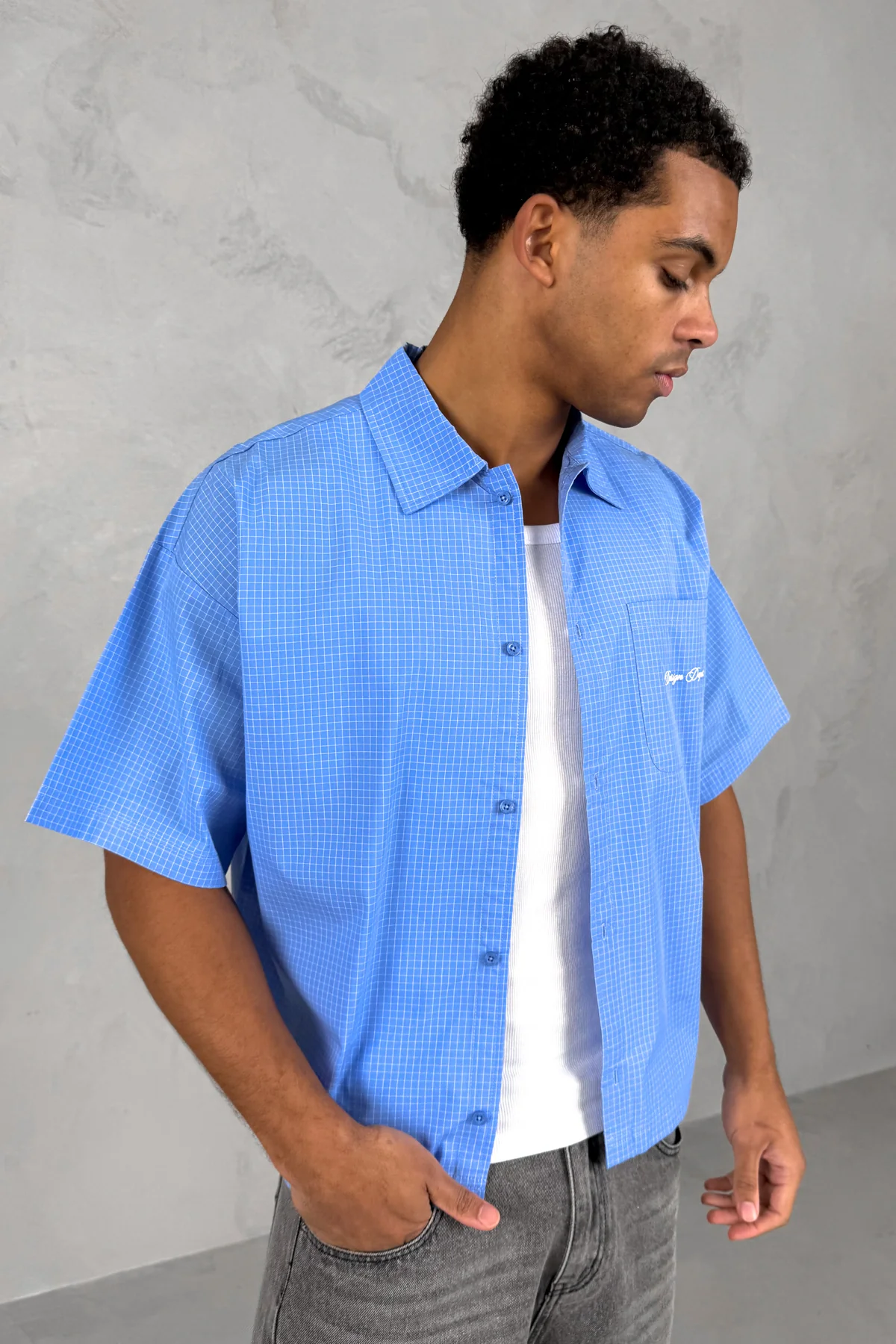 Design Dept Boxy Micro Check Shirt - Blue - Image 4