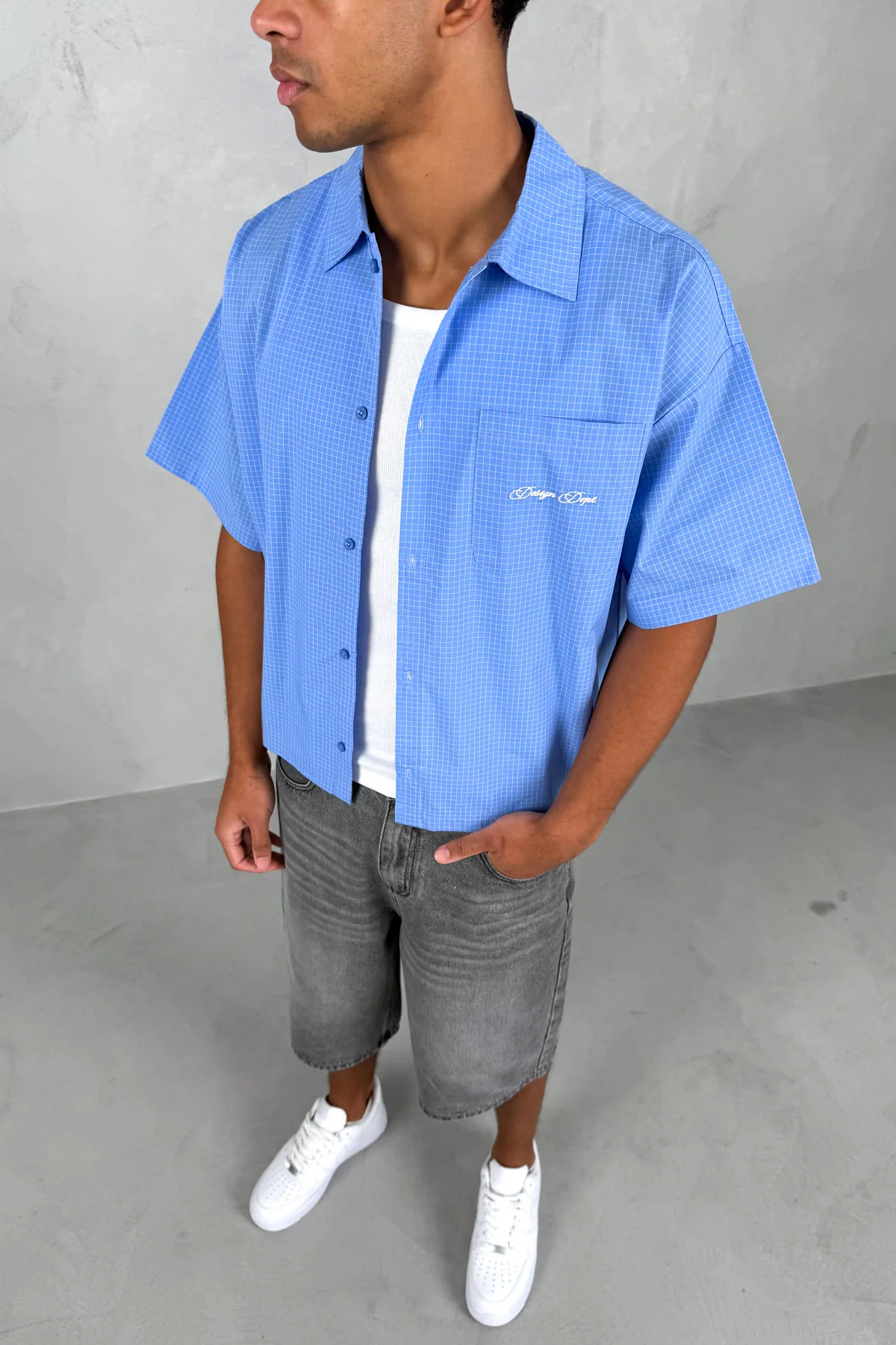 Design Dept Boxy Micro Check Shirt - Blue - Image 7