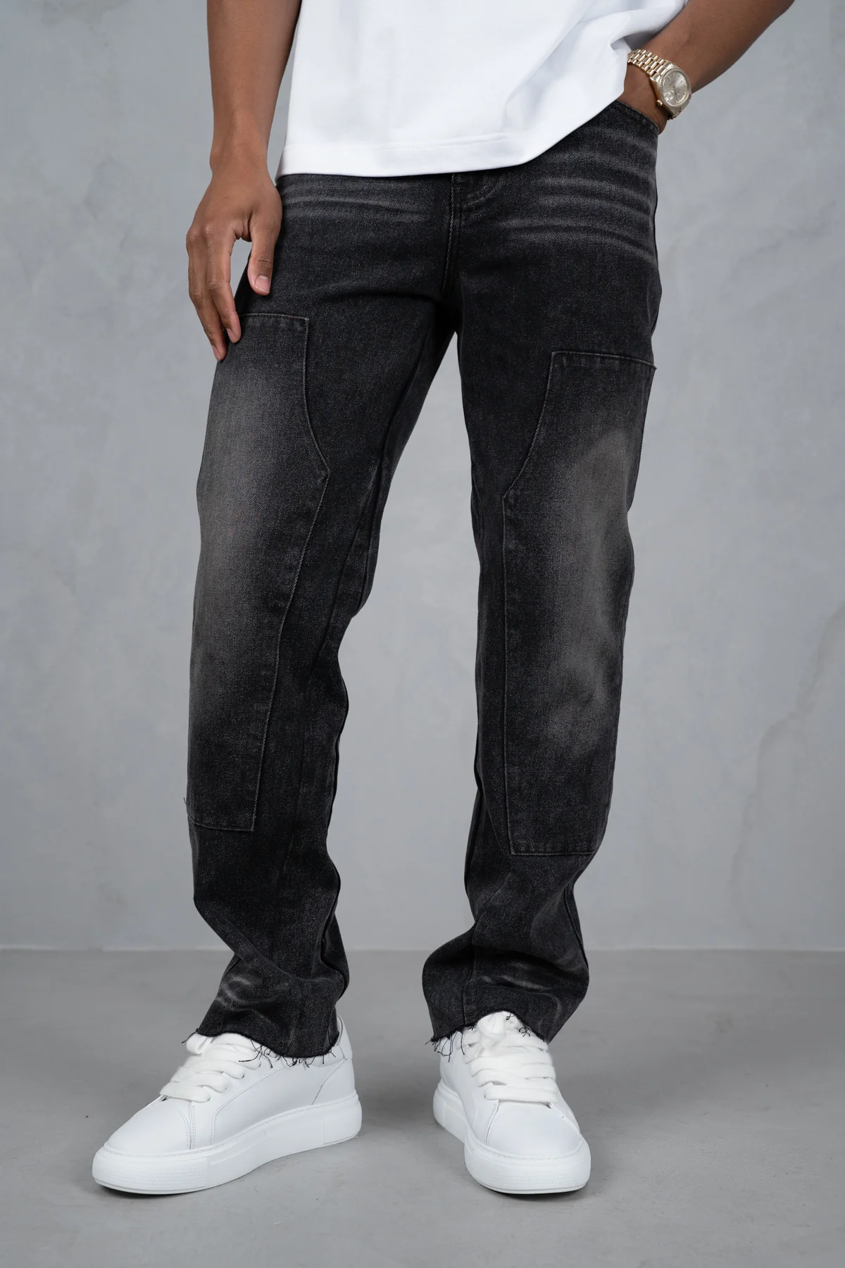 Distressed Open Hem Carpenter Denim - Washed Black - Image 4