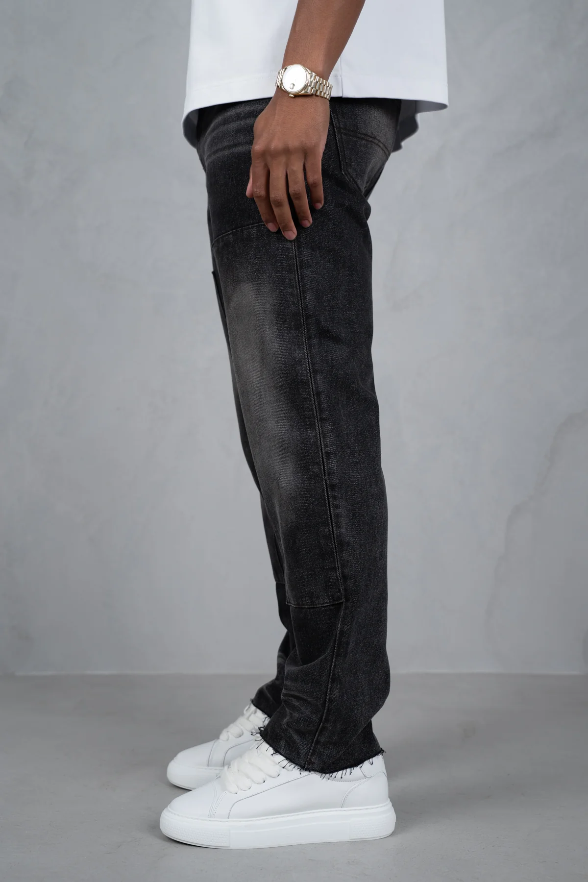 Distressed Open Hem Carpenter Denim - Washed Black - Image 5