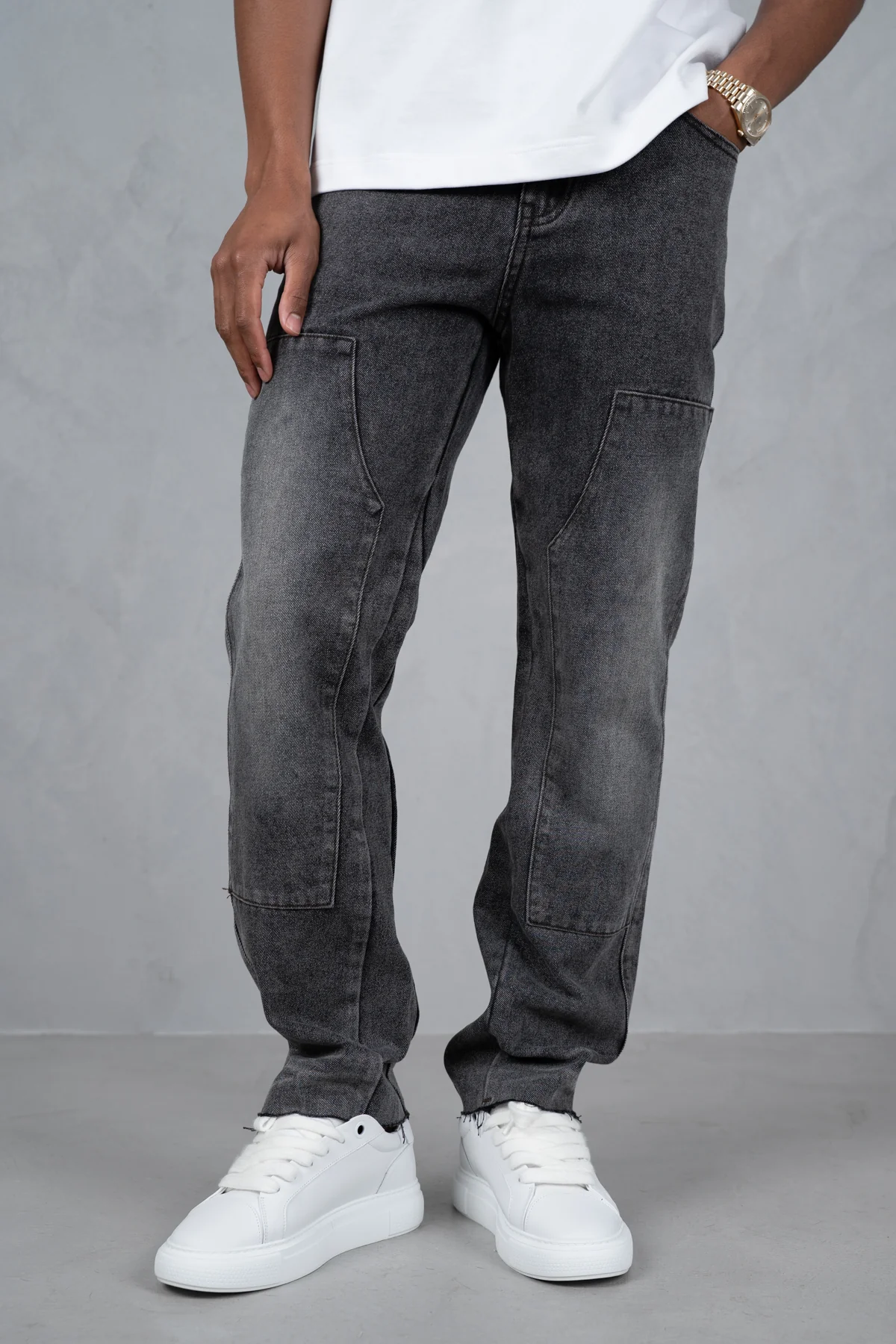 Distressed Open Hem Carpenter Denim - Washed Grey - Image 3