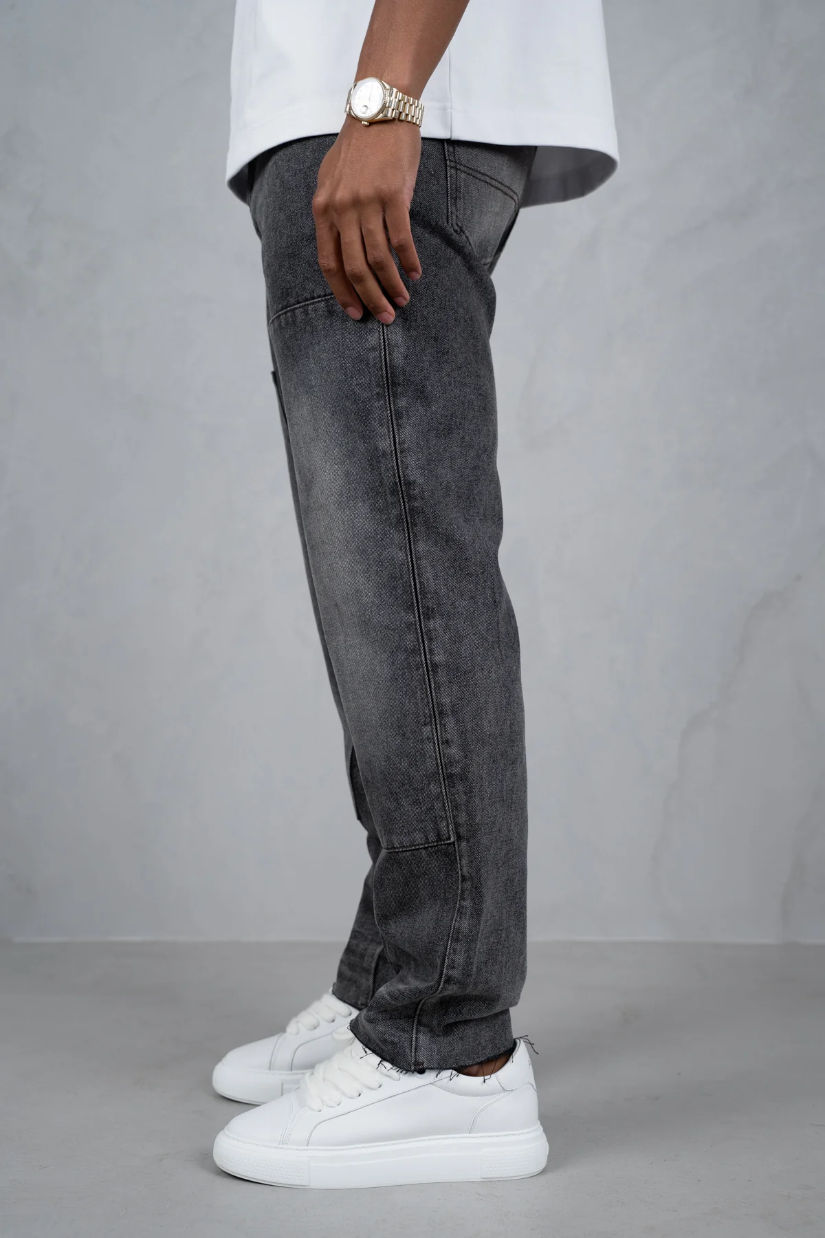 Distressed Open Hem Carpenter Denim - Washed Grey - Image 5