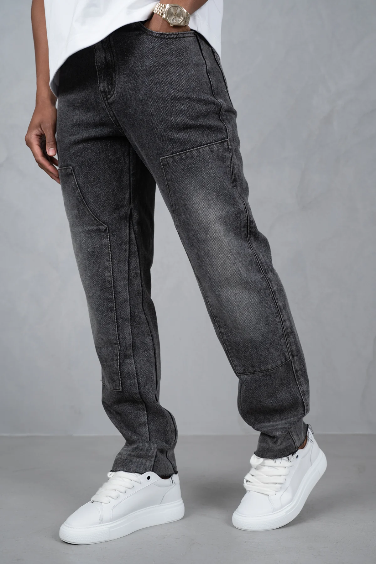 Distressed Open Hem Carpenter Denim - Washed Grey - Image 7