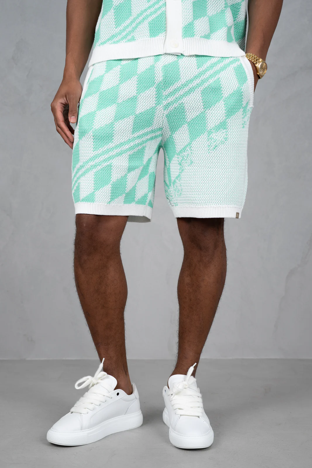 Knitted Checked Shorts - Mint - Image 10