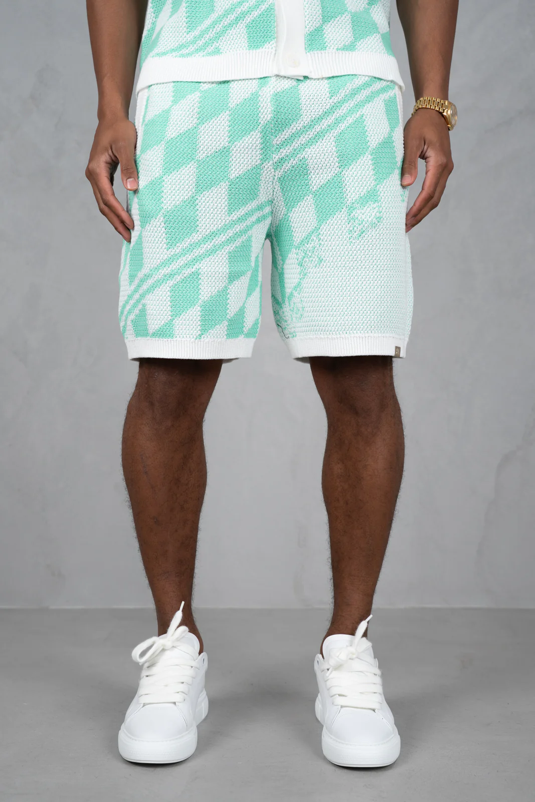Knitted Checked Shorts - Mint - Image 6