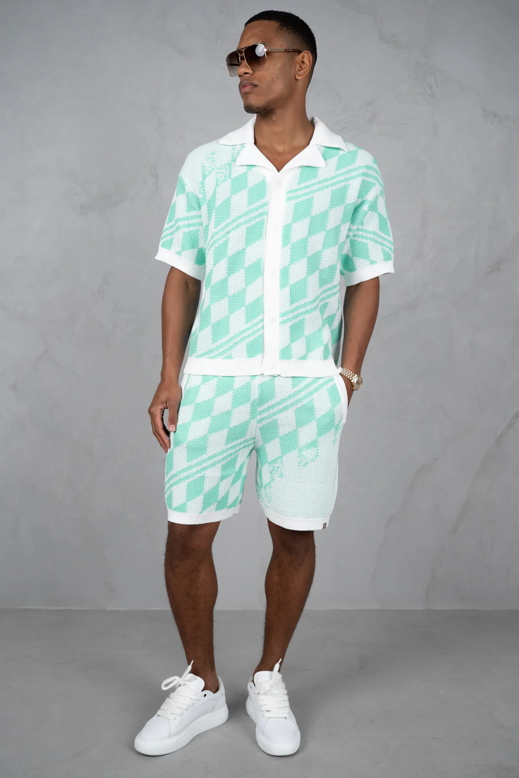 Knitted Checked Shorts - Mint - Image 8