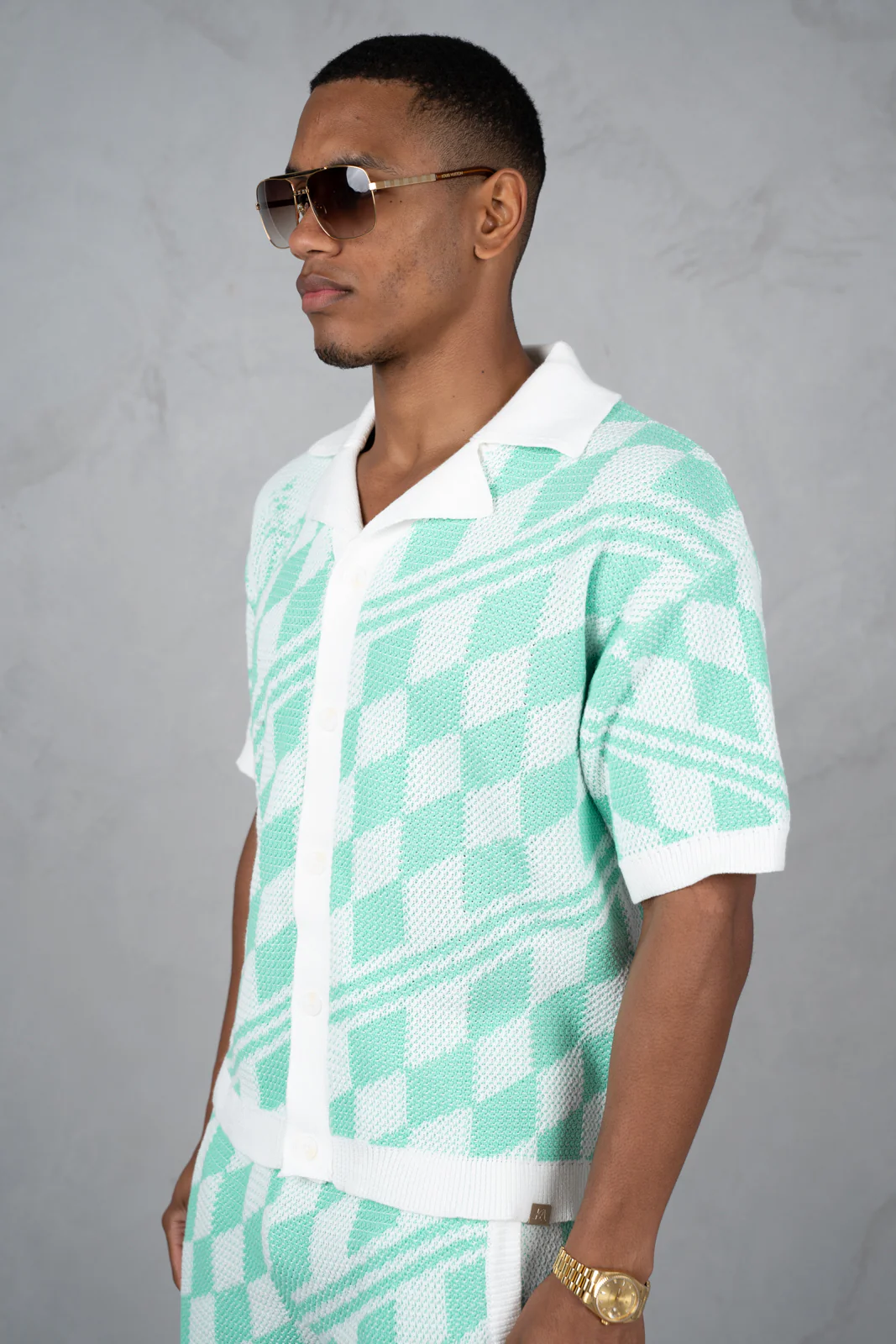 Knitted Checked Shorts - Mint - Image 9