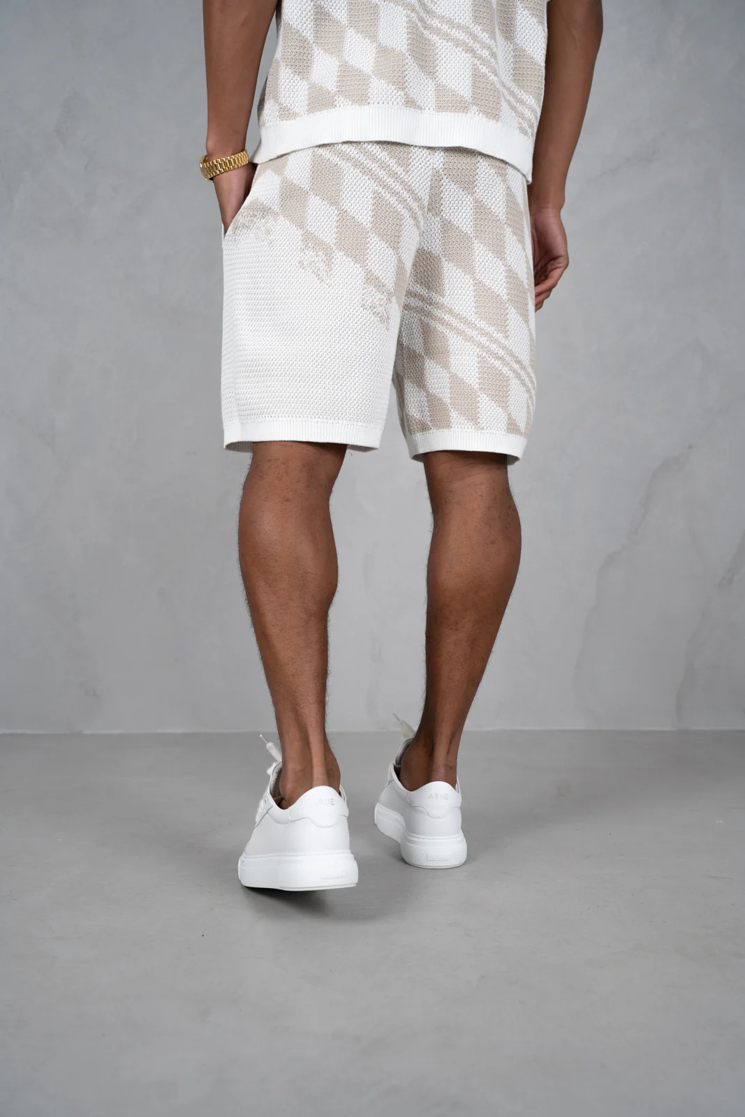 Knitted Checked Shorts - Taupe - Image 10