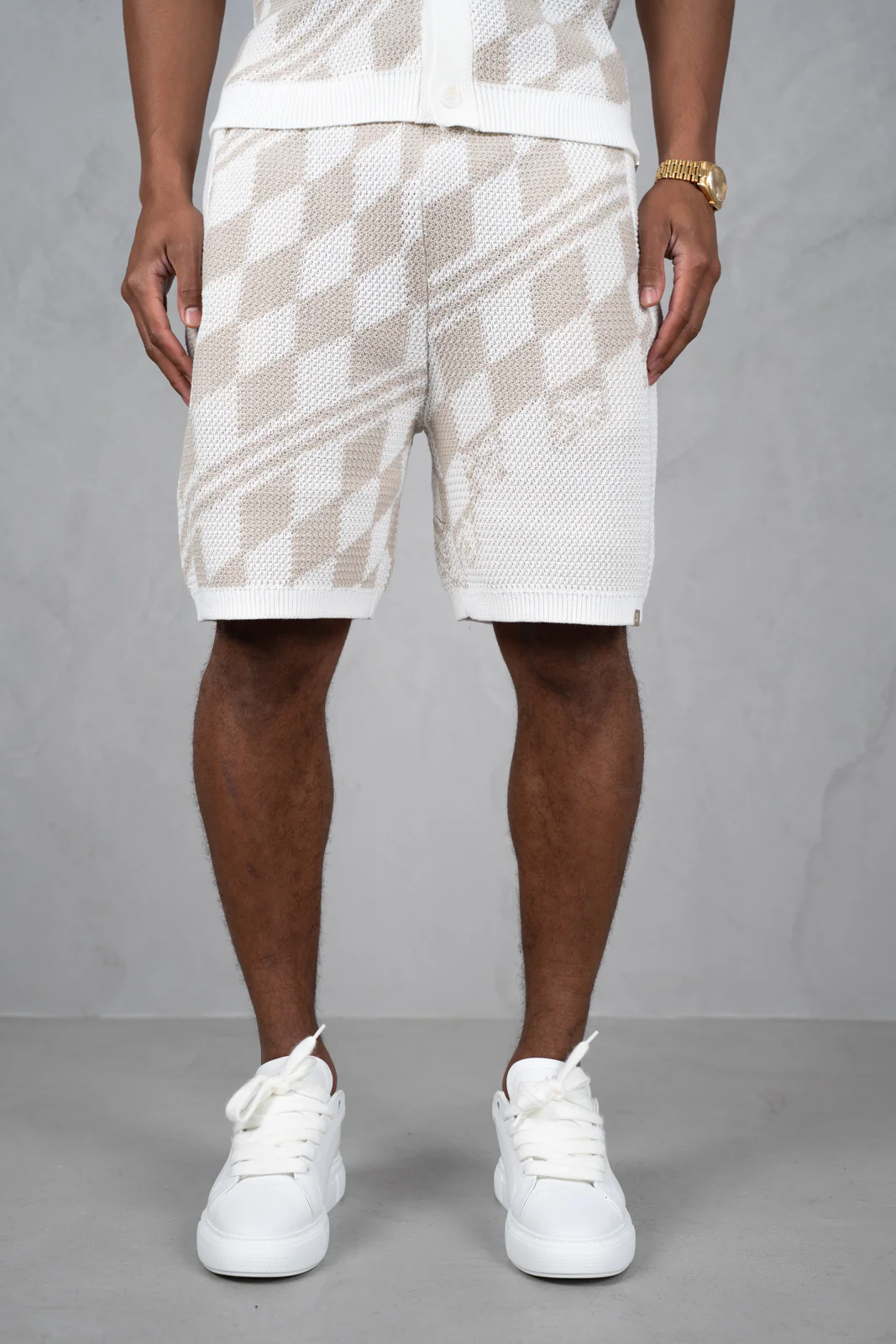 Knitted Checked Shorts - Taupe - Image 3