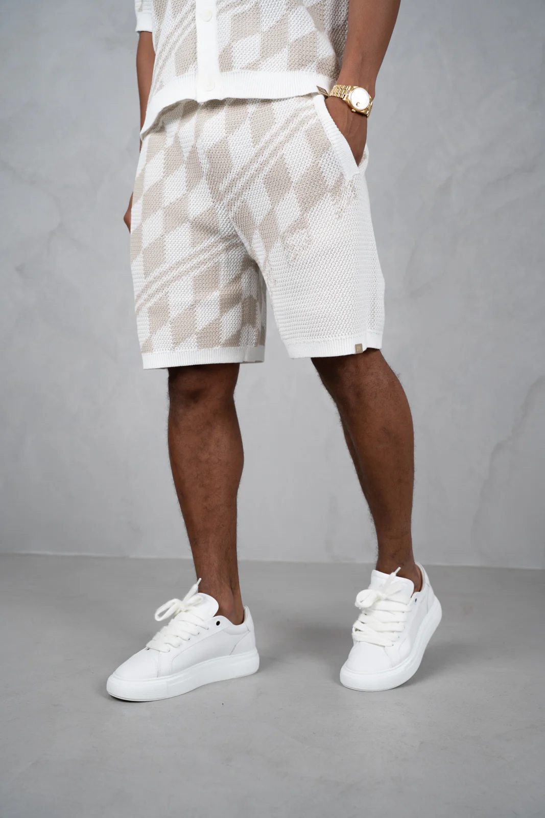 Knitted Checked Shorts - Taupe - Image 5