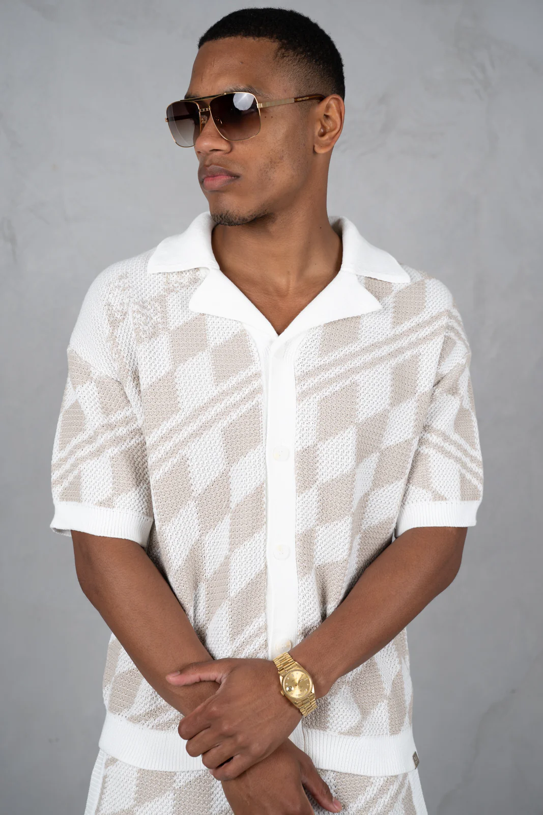Knitted Checked Shorts - Taupe - Image 6