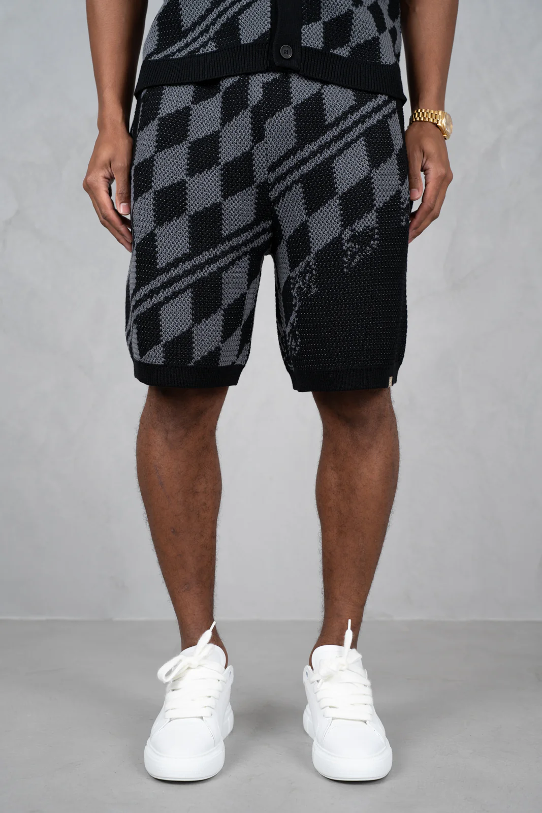 Knitted Checked Shorts - Black/Charcoal - Image 10