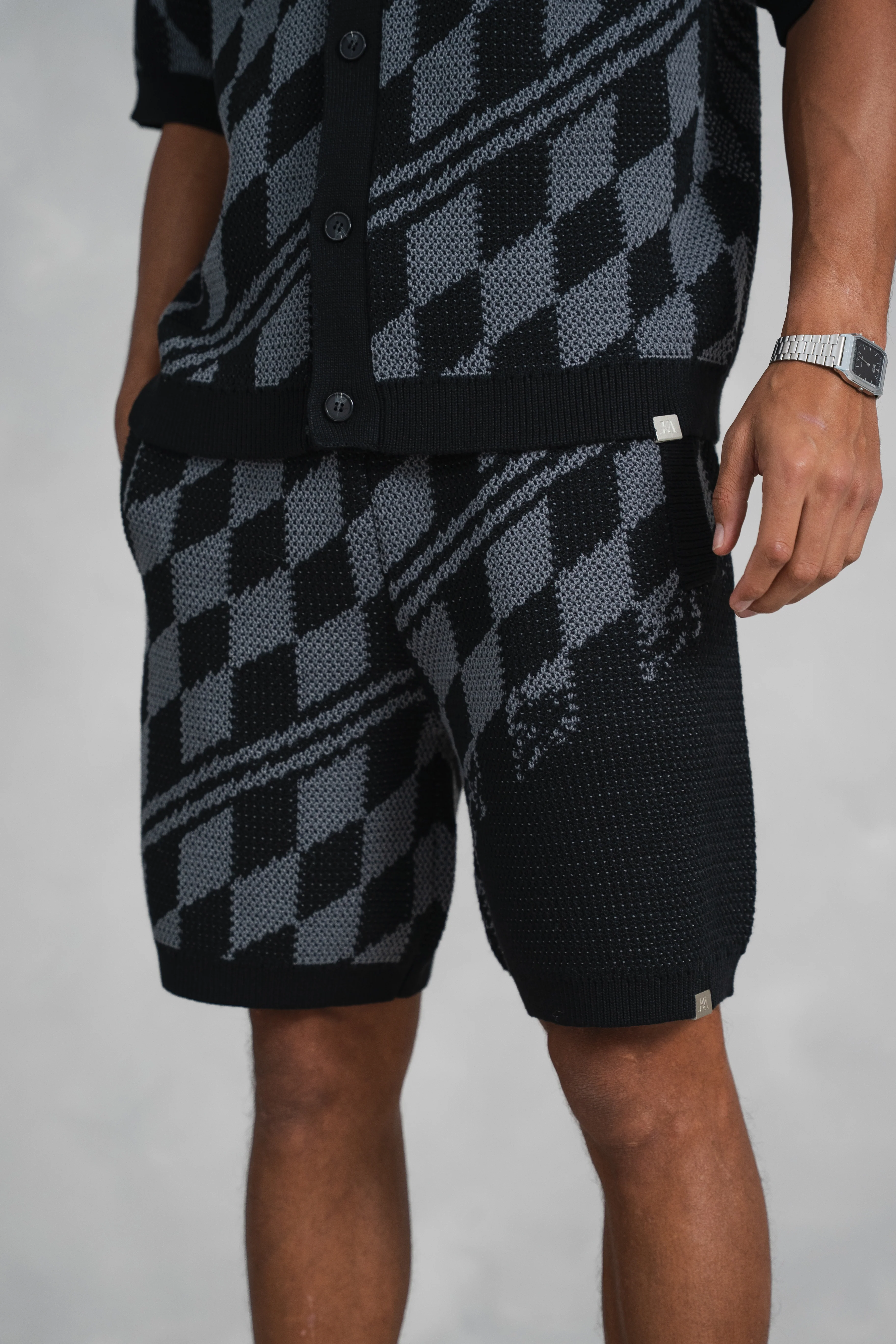Knitted Checked Shorts - Black/Charcoal - Image 12
